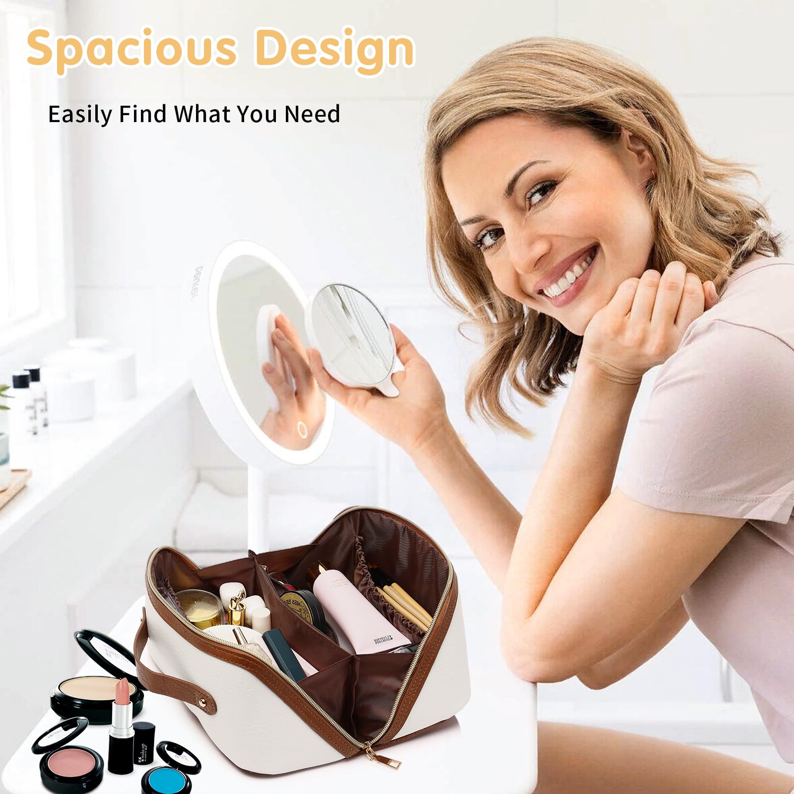 UNICOKA Travel Makeup Bag - Large Capacity Cosmetic Bag for Women, Portable Waterproof PU Leather Make up Organizer Bag Open Flat Toiletry Bag with Divider and Handle