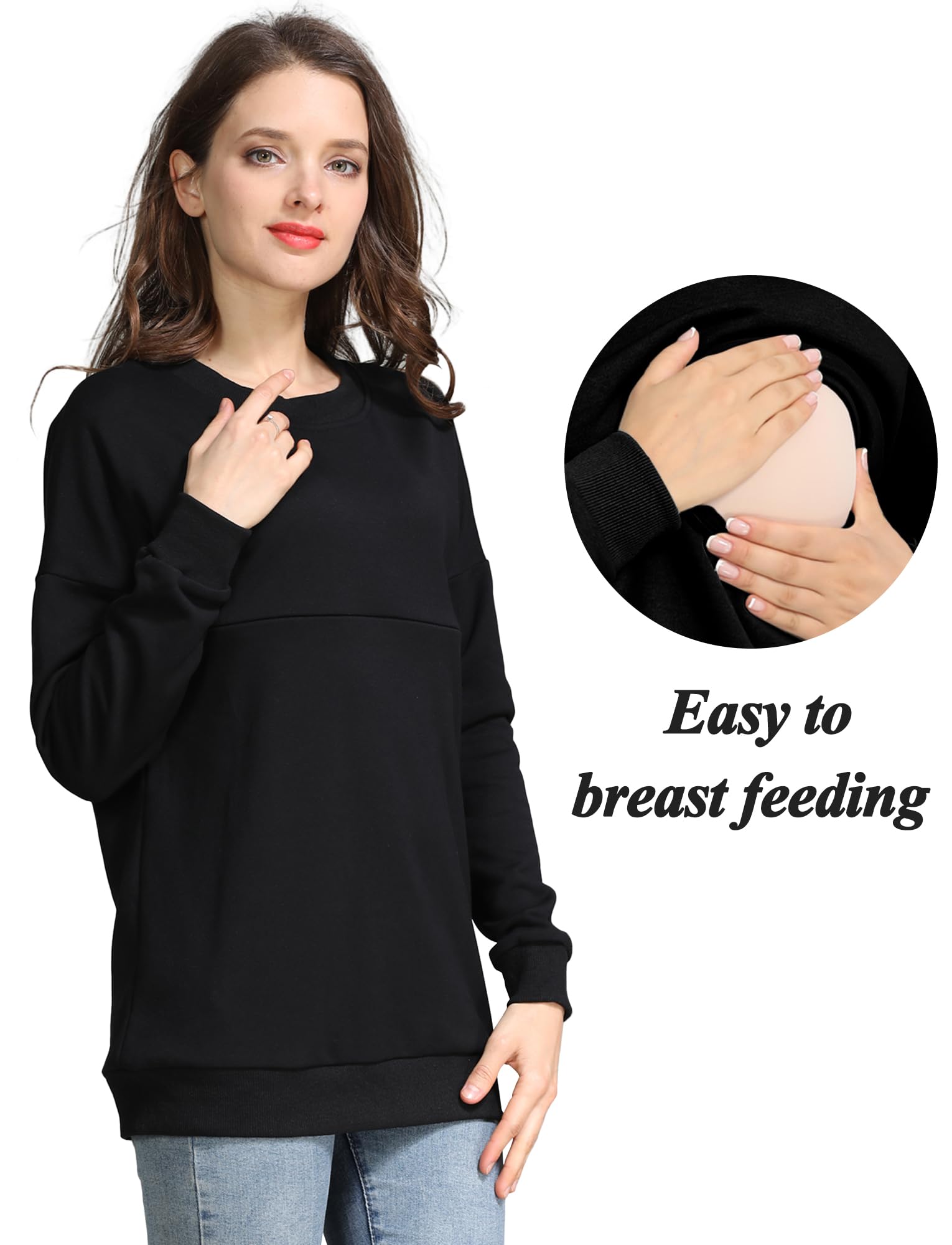 FEOYA Damen Stillshirt Langarm Umstandsshirt Reißverschluss Stillpullover Baumwolle Winter