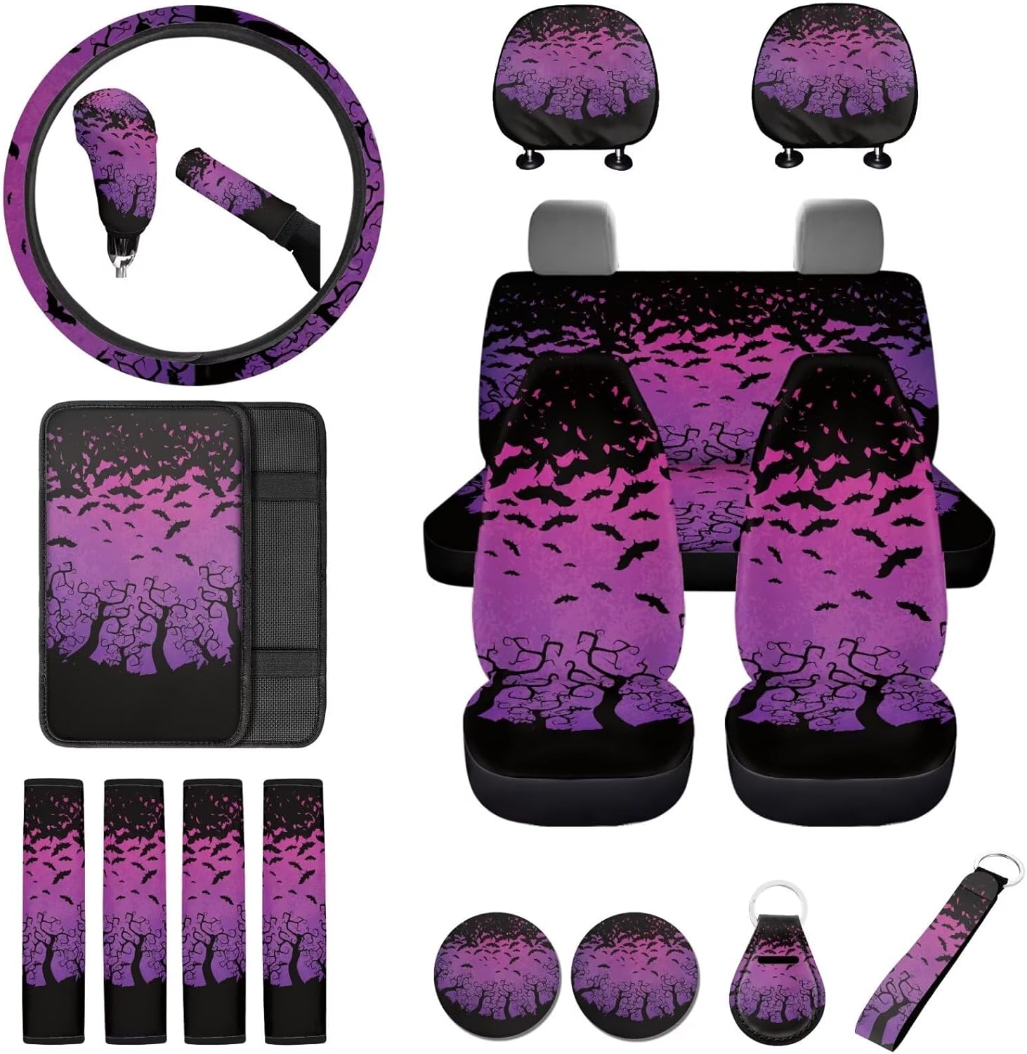 18 Pc Gothic Bat Car Seat Cover Set - Universal, Armrest, Steering Wheel, Seat Belt, Cup Coaster, Handbrake & Keychain - Purple