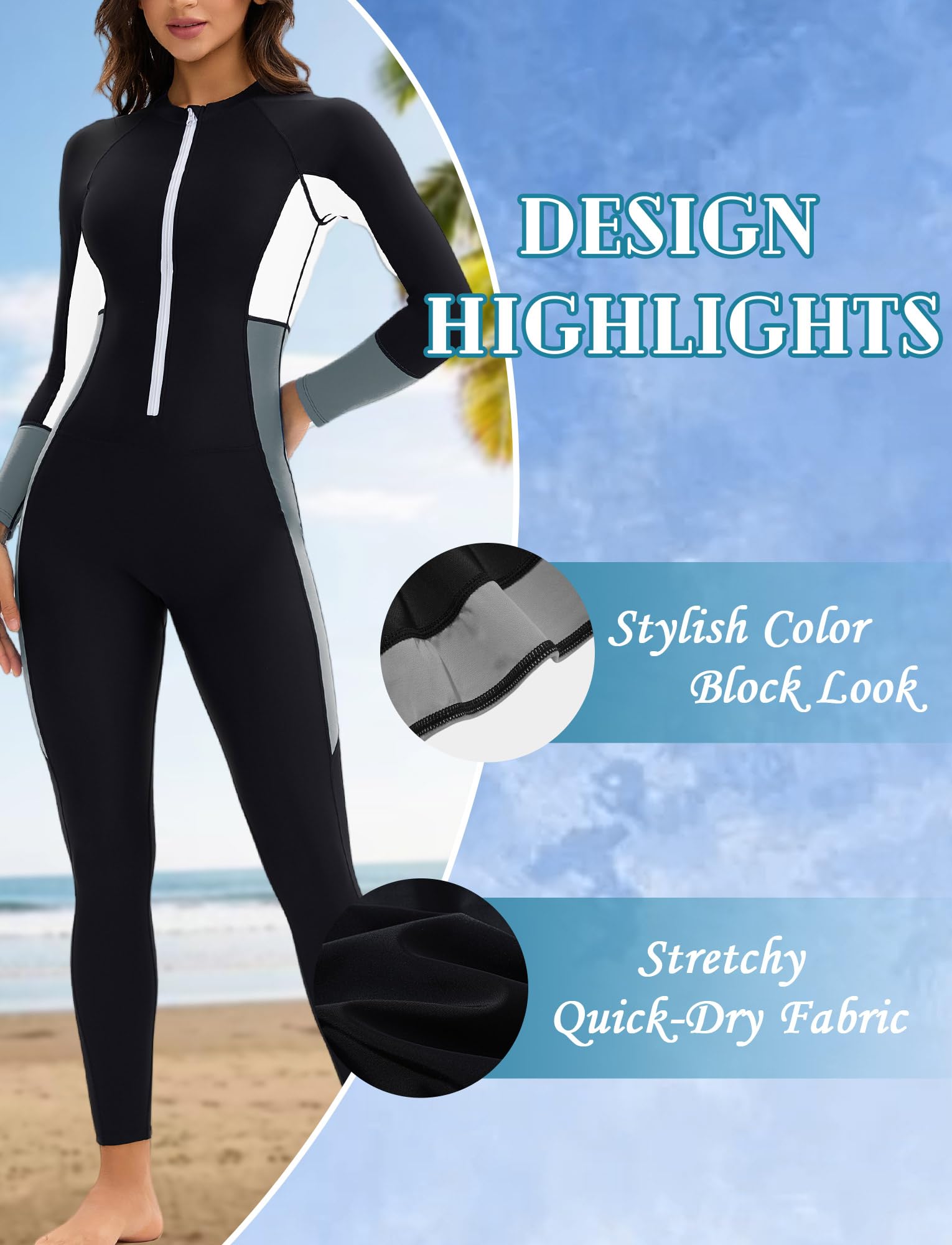 Rash Guard - Costume da bagno da donna con protezione solare per gambe e braccia, con chiusura lampo, slim fit, taglie XS-3XL (taglia S-4XL)