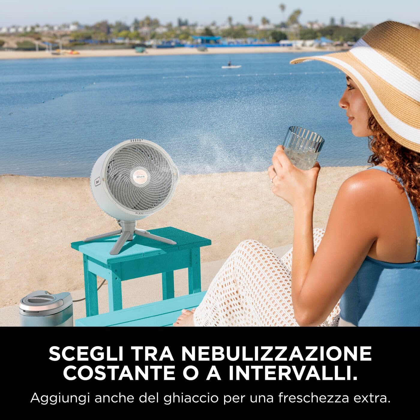 Shark FlexBreeze Pro Mist Ventilatore per Interni ed Esterni senza Filo con Nebulizzatore, Portatile, Raggio 20 m, a Piantana o da Tavolo, 5 Velocità, Silenzioso, Telecomando, Tortora FA300WHEU