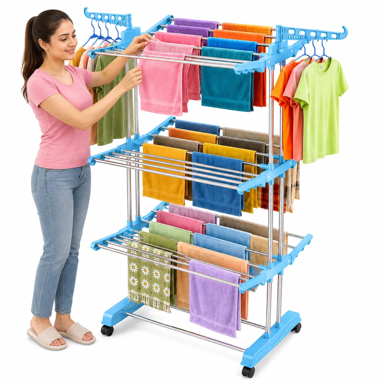 View 1 of ***DAMAGED - SEE NOTES/PICTURES***HomeAra 3-Tier Clothes Drying Rack - Large, Blue