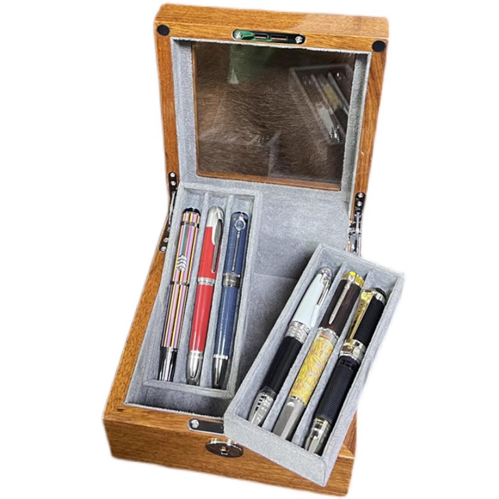 Scatola espositiva per penne in legno, scatola porta penne dal design retrò, 6 scomparti per penne e 2 scomparti per bottiglie d'inchiostro, con finestra in vetro e cassetto, per riporre scatole di pe
