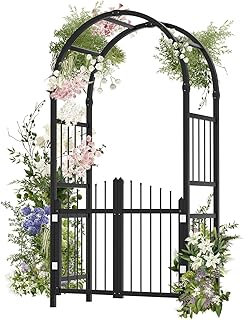 VINGLI Garden Arbor with Gate, PVC Frame Trellis Garden Arch for Plant Climbing, Vinyl Pergola Wedding Arch Backdrop Standing for Backyard, Lawn, Event (Black)