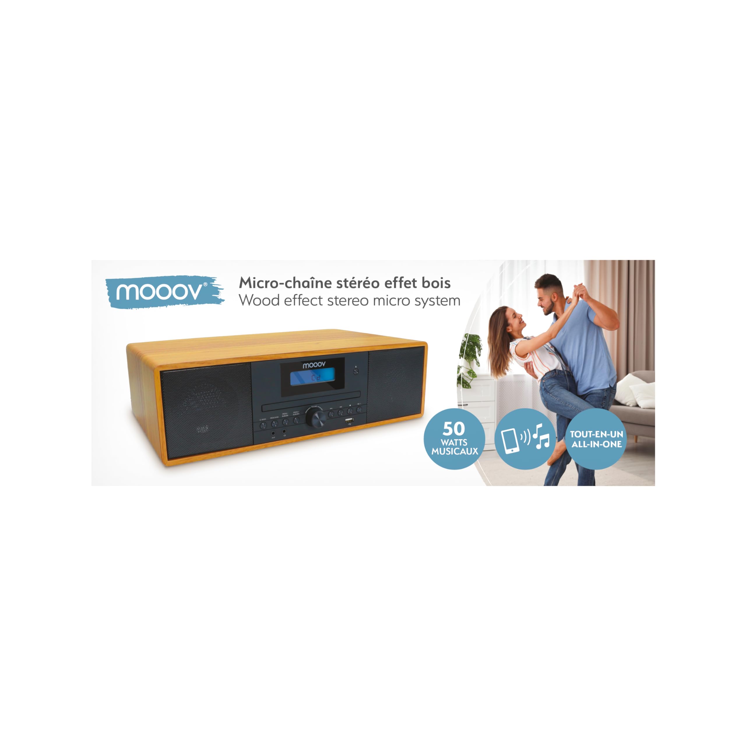 MOOOV Micro-Chaine HiFi Bluetooth sans Fil FM CD USB Télécommande Effet Bois Mini Chaîne Enceinte Vintage