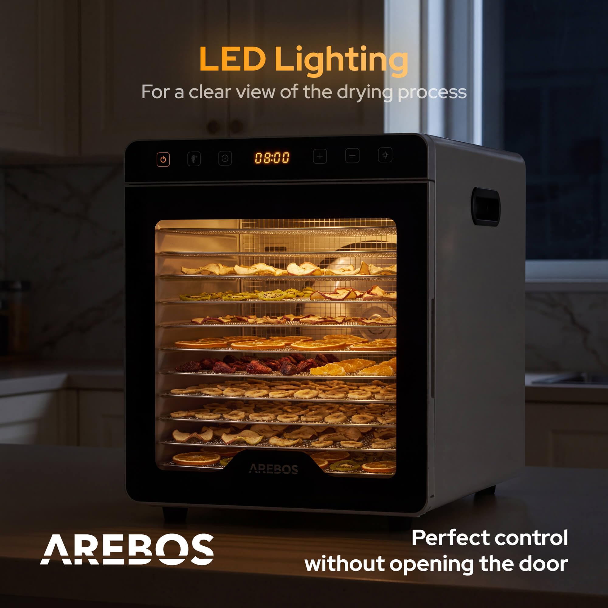 Arebos Suszarka do Żywności 800 W ze Stali Nierdzewnej | 12 Rusztów ze Stali Nierdzewnej | Pojemność 29 L | Panel Dotykowy, Oświetlenie LED, Timer 24 h, 30-85°C | Owoce, Mięso, Zioła i Warzywa