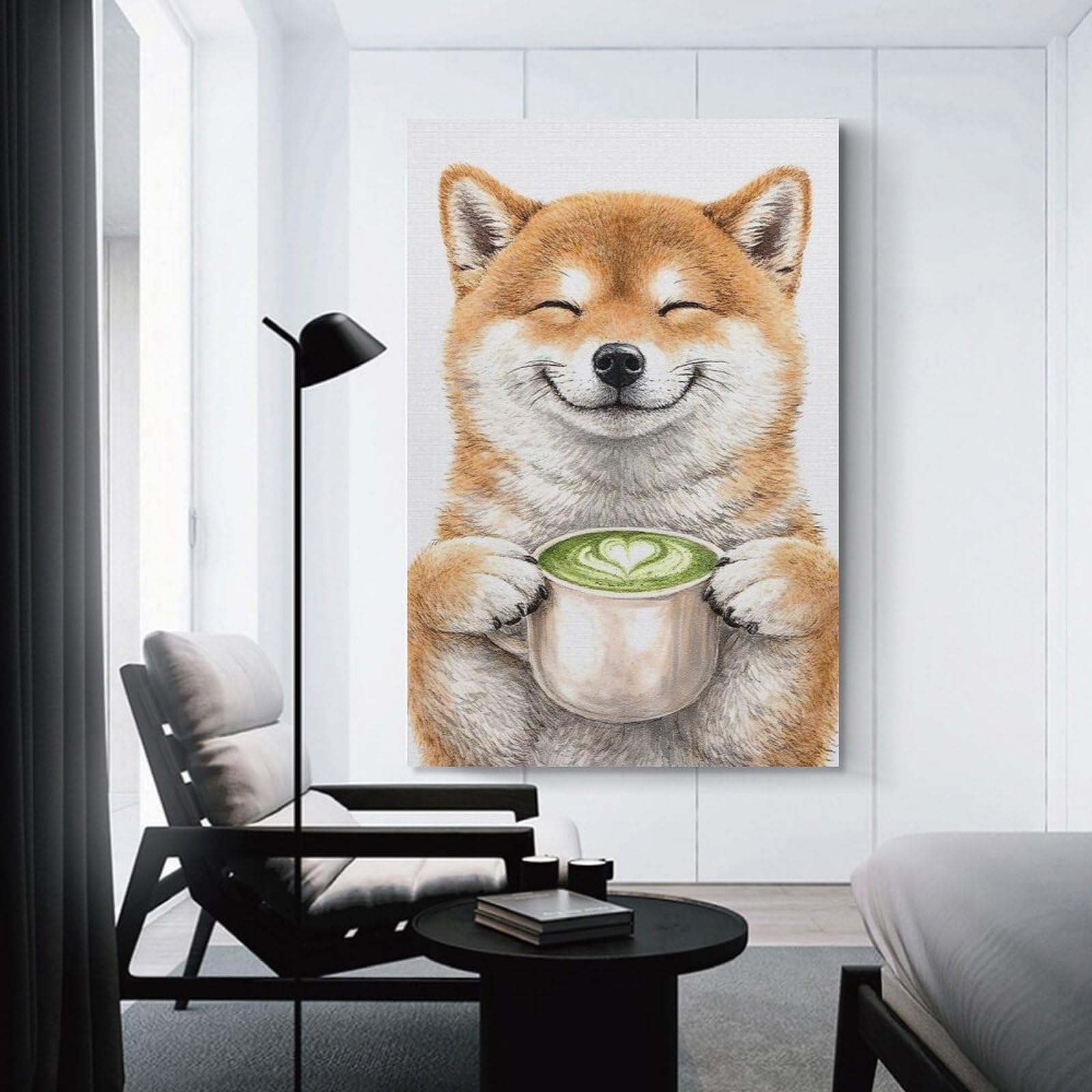 Junmoney Shiba Inu with Matcha Latte Room Decor Wall Art 20x30inch(50x75cm), for Bedroom, Guest Room Or Reading Nook, An Easy Wall Refresh for Bedrooms