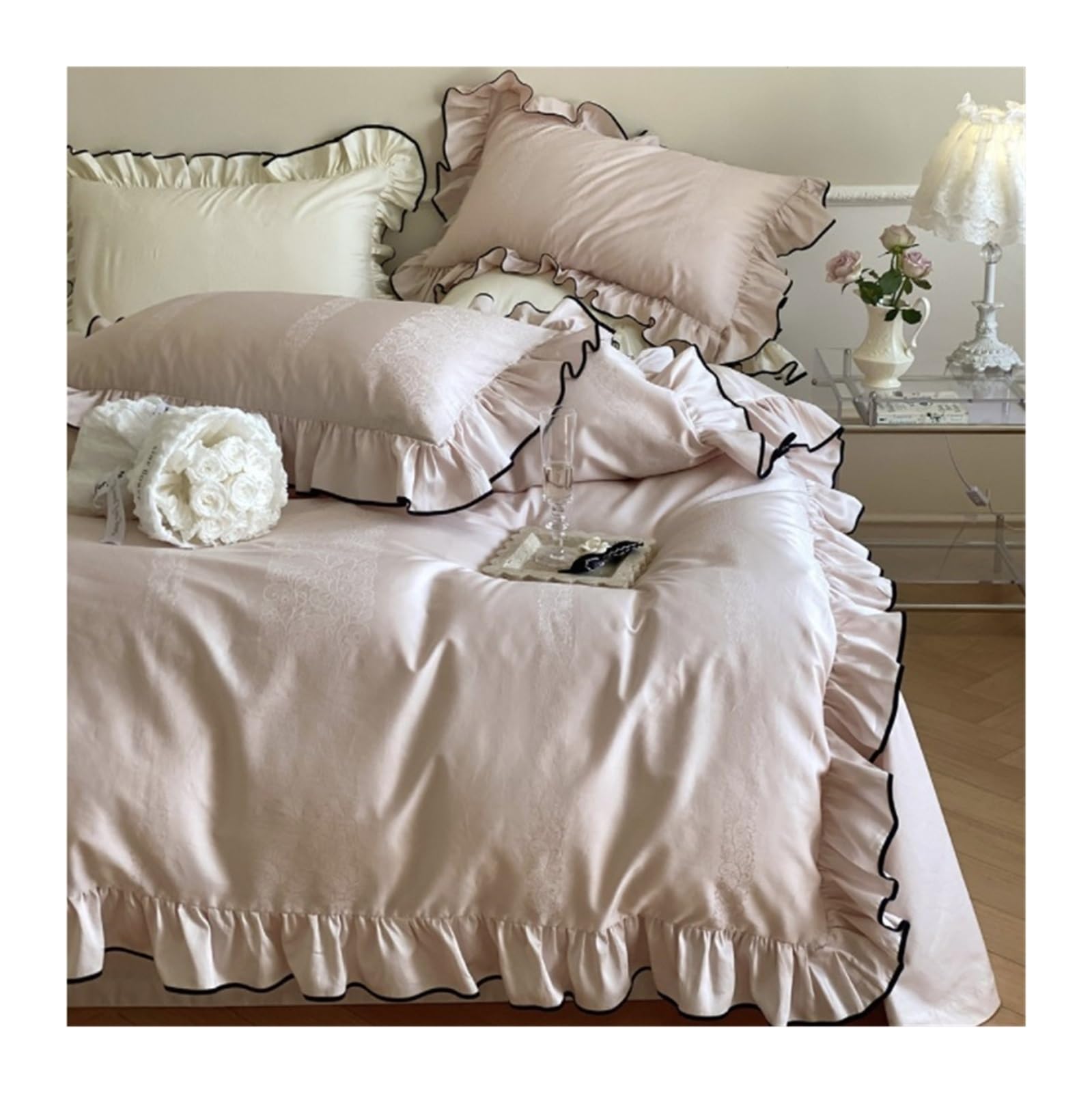 ZHSOAO Cotton Wedding Bedding Set Ruffles Black Edge Jacquard Duvet Cover Bed Sheet Pillowcases for Bed(Pink,King 220X240cm 4pcs)