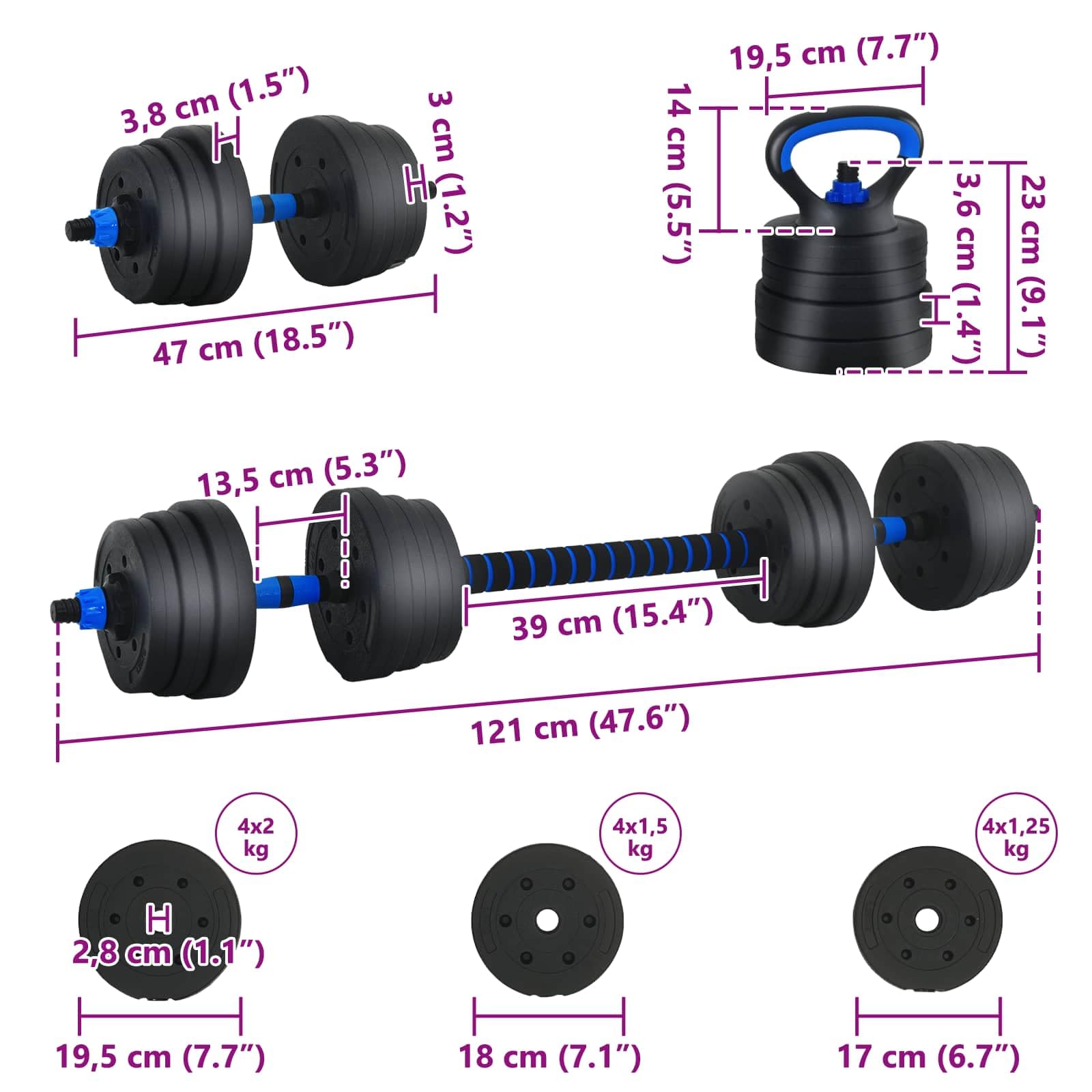 vidaXL Set di manubri, bilanciere e Kettlebell 4-in-1 20 kg Nero e Blu, Attrezzatura da casa, manubri Regolabili, Pesi per Allenamento, Fitness Indoor, Strumenti e Attrezzi salvaspazio