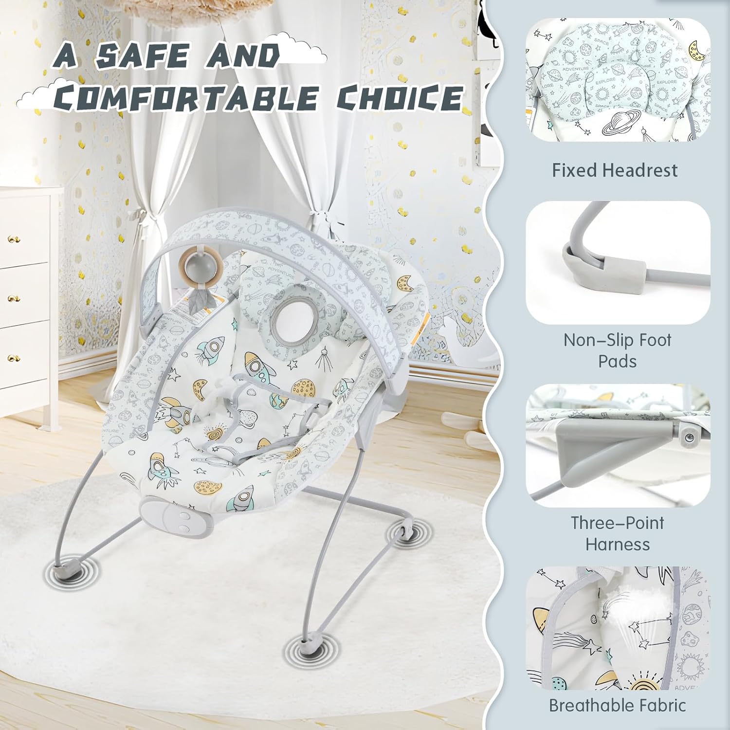 Portable Baby Bouncer Seat with 8 Melodies, 3 Vibration Levels & Adjustable Volume, Foldable Infant Bouncer Rocker with Safety Harness for Baby 0-6 Months, Indoor & Outdoor Use BR2403