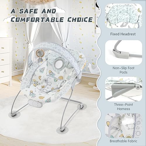 Miniatura 3 de Portable Baby Bouncer Seat with 8 Melodies, 3 Vibration Levels & Adjustable Volume, Foldable Infant Bouncer Rocker with Safety Harness for Baby 0-6