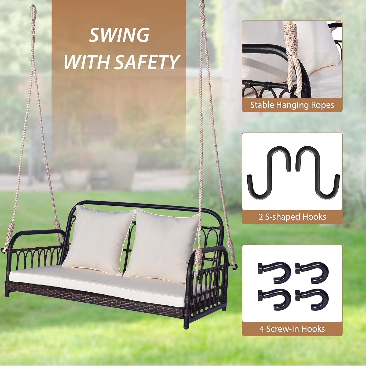 Tangkula Outdoor Wicker Porch Swing, 2-Person Hanging Seat with Seat & Back Cushions, Heavy-Duty Metal Frame & 2 Sturdy Hanging Ropes, Wicker Woven Swing Loveseat for Front Porch, Backyard (Off White)