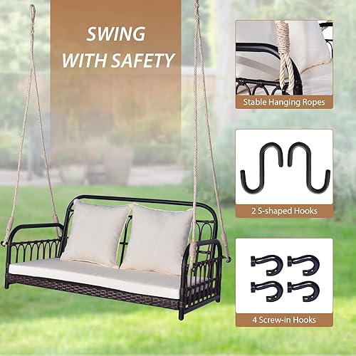 Miniatura 7 de Tangkula Columpio de mimbre para porche al aire libre, asiento colgante para 2 personas con cojines de asiento y respaldo, marco de metal resistente