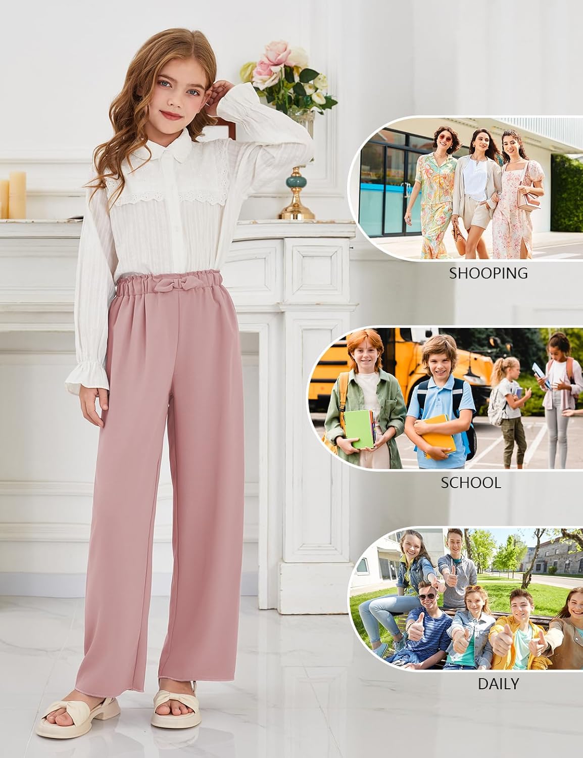 Girls Wide Leg Palazzo Pant Loose Straight Cute Bow Waist Spring Summer Lightweight Dress Pant for Kids 5-14Y - Image 6