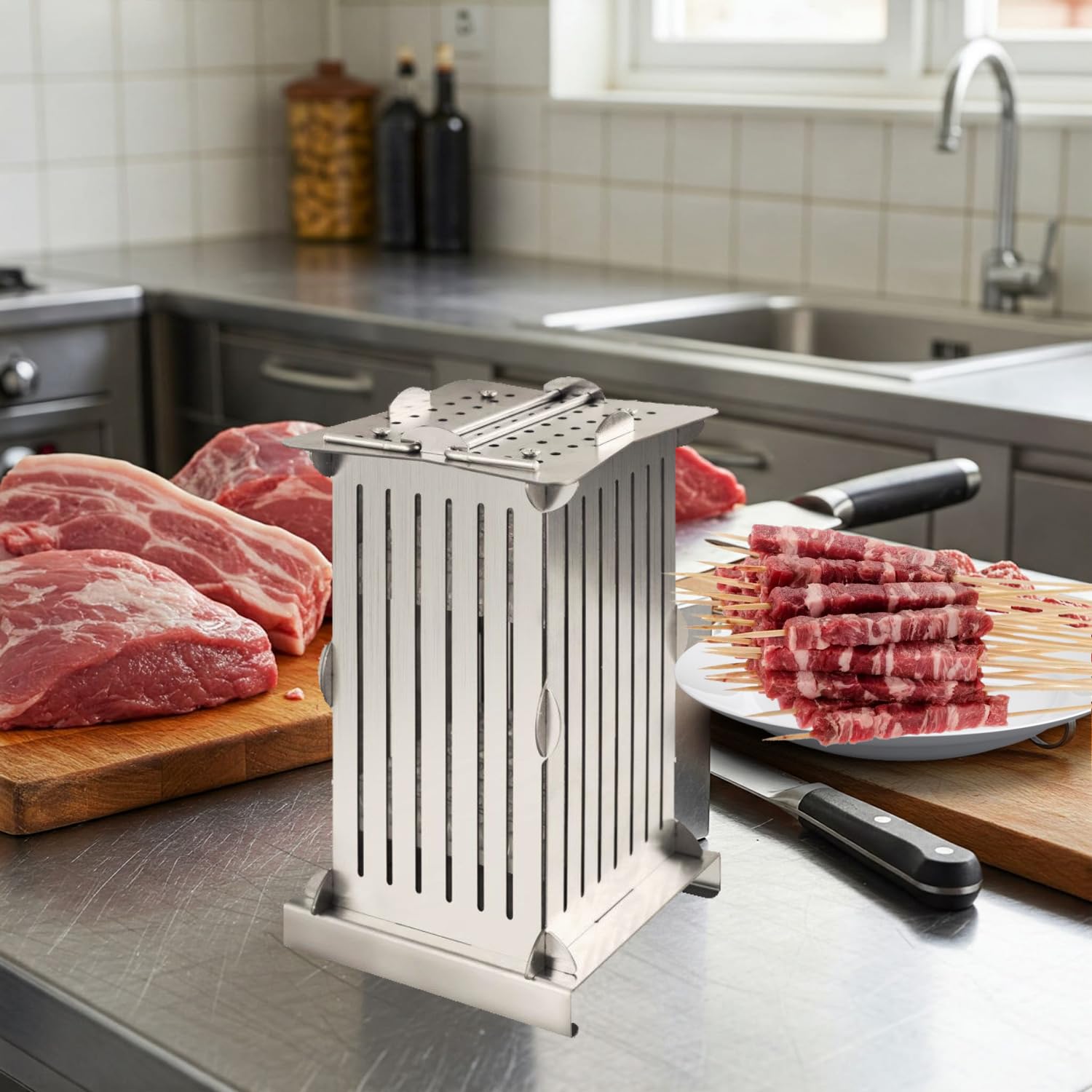 Kit Cubo Arrosticini Spiedini 56 Pezzi in Acciaio Inox – Completo con Coltello + 70 Stecconi – Macchina per Arrosticini, Kebab, Souvlaki – Smontabile e Facile da Pulire.