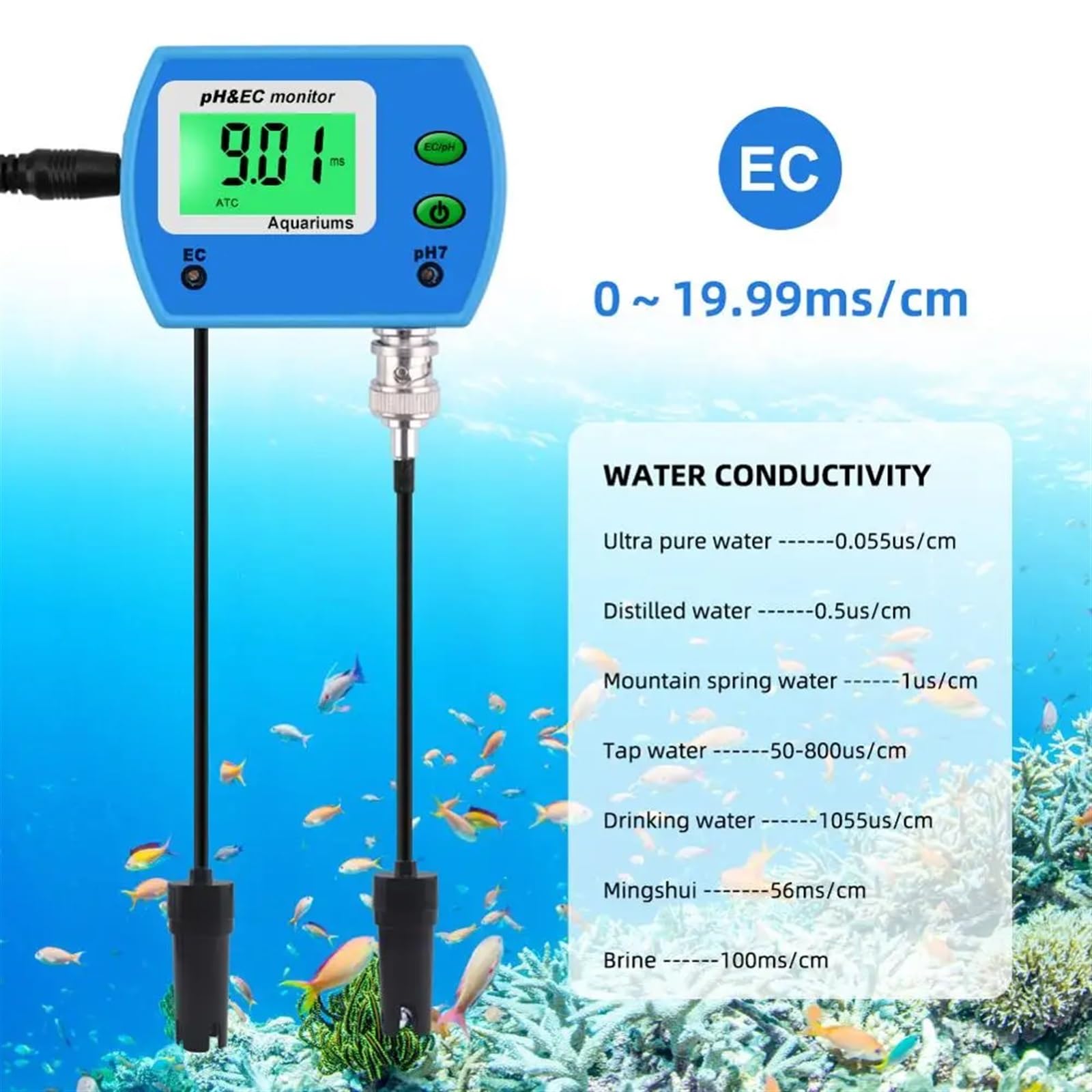 Misuratore di PH Professionale 2 in 1 Misuratore EC for Acquario Monitor multiparametrico della qualità dell'Acqua Monitor PH/EC Online Acidometro Digitale sensibile