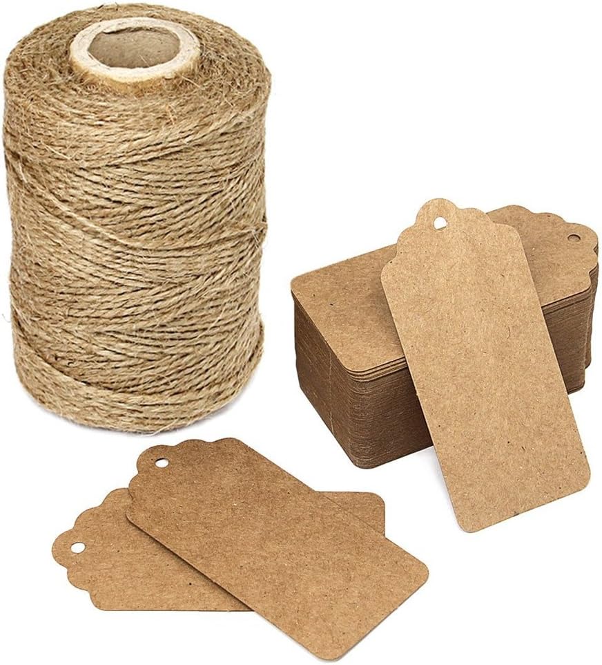 Kraft Paper Gift Wrap Tags with String Blank Labeling Tags Bonbonniere Favor Vintage Tags Christmas DIY Craft Decor Tags with Natural Jute Twine (100pcs Kraft Paper hangtag with Jute)