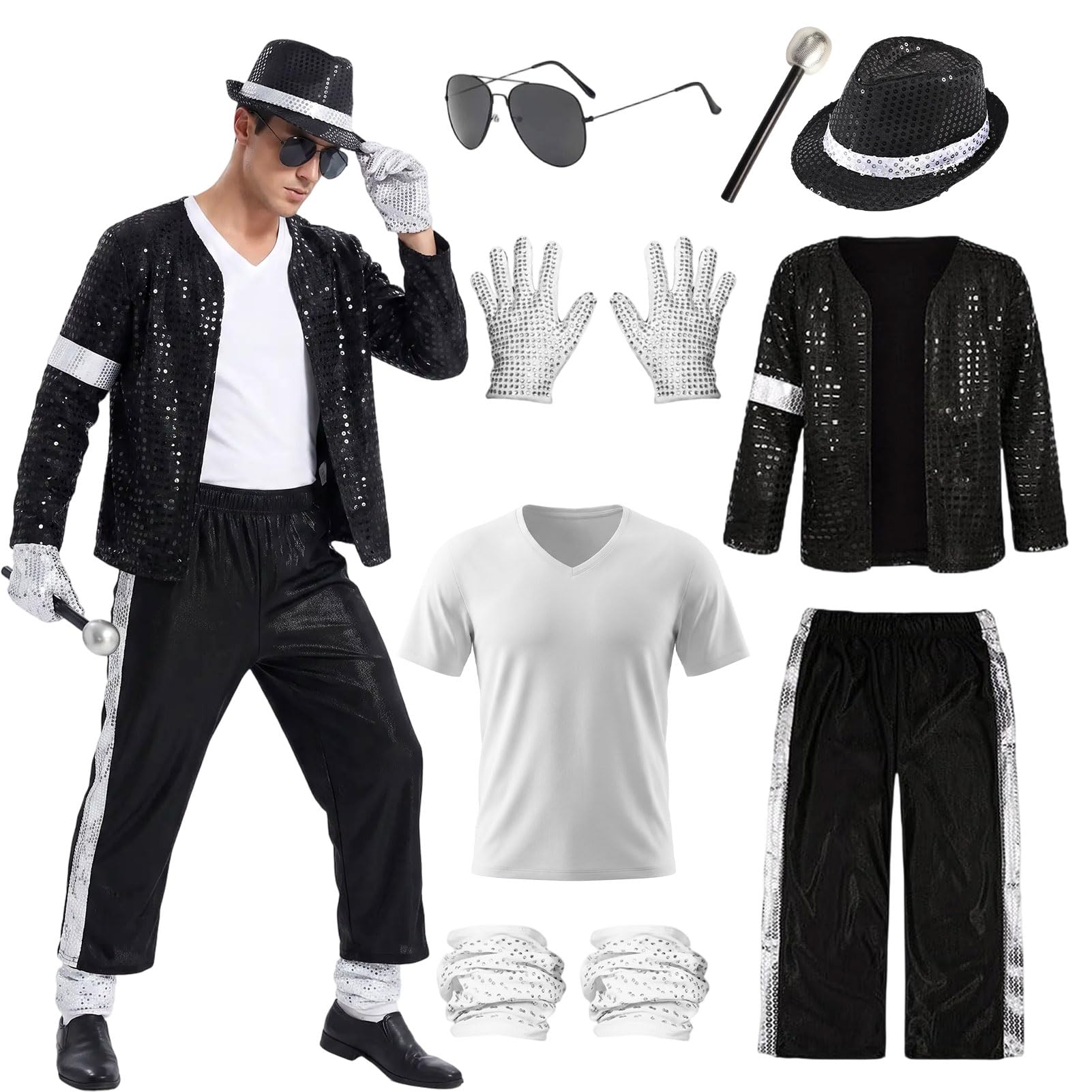 Crittygo 8PCS Pop Star Costume, Dancer Sequin Costumes for 80s Disco Outfit