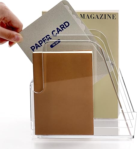 Miniatura 8 de SANRUI Organizador de escritorio de acrílico transparente, soporte para archivos de revistas con 3 secciones verticales, estante para revistas,
