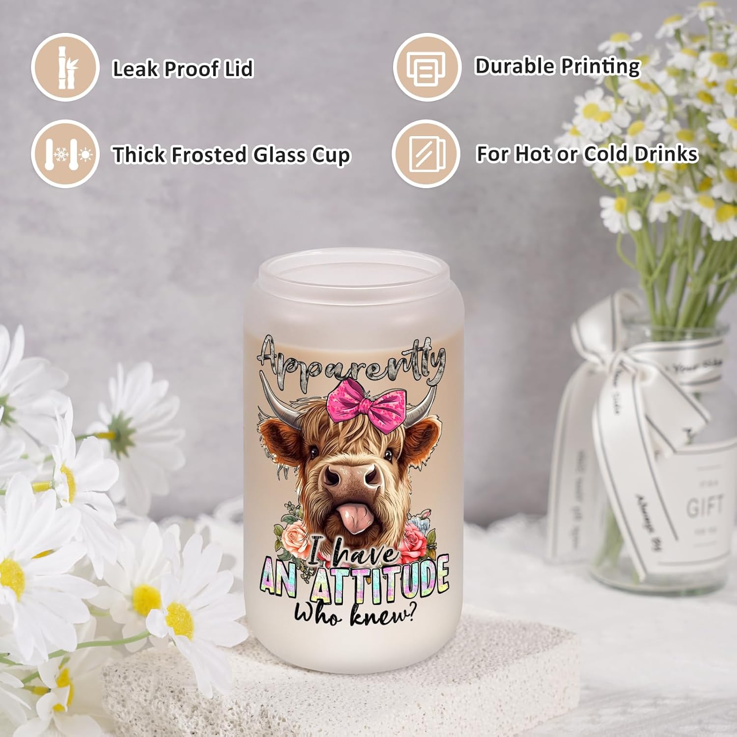 Fairy's Gift Funny Highland Cow Cup Tumbler, Cattle Print Stuff, Cute 16 oz Frosted Glass Coffee Cups with Lids Straws, Valentines, Birthday, Highland Cow Gifts for Women Girls Cattle Lovers Cowgirls - Image 3