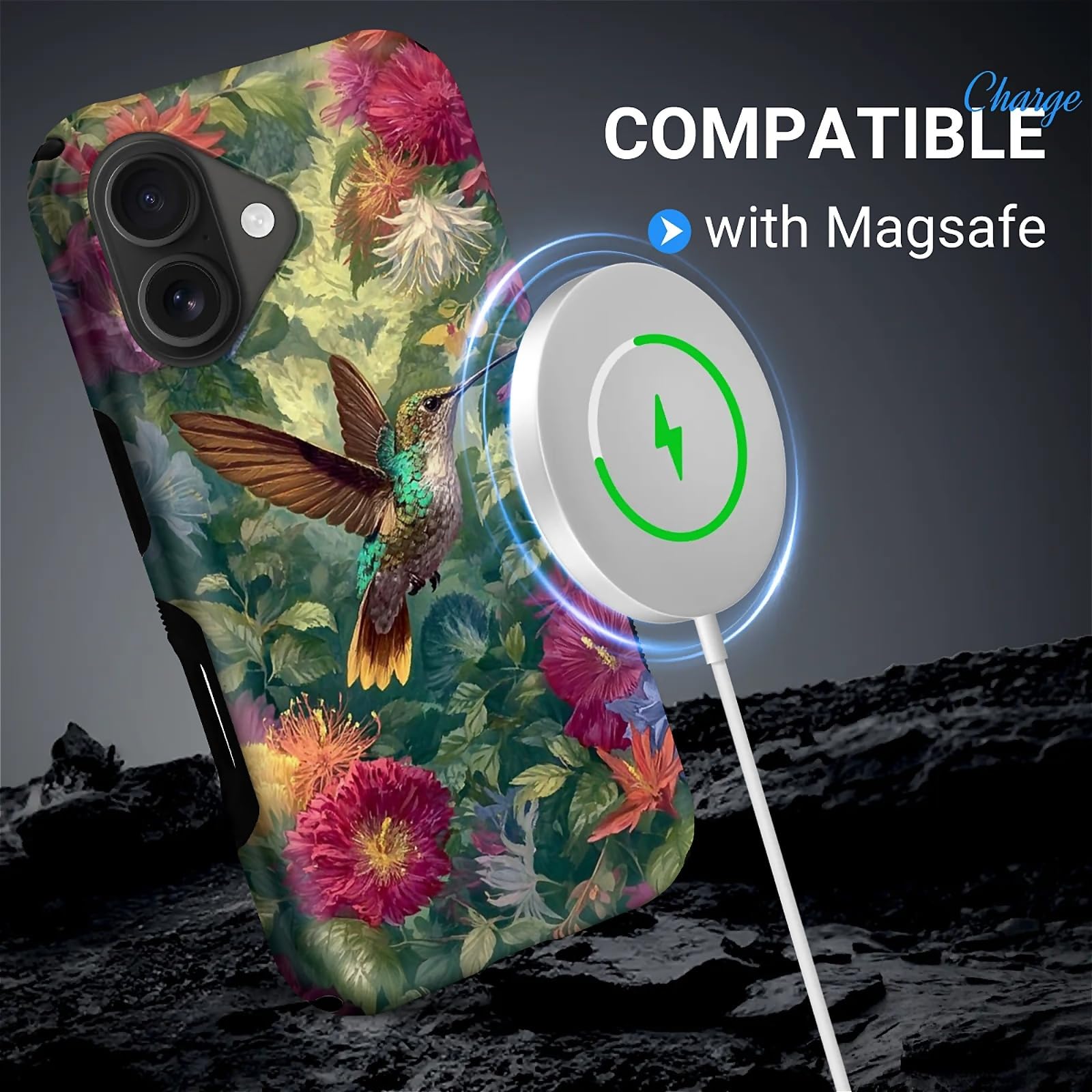 CARLOCA per iPhone 16 Compatibile con Magsafe Custodia protettiva integrale per ragazza ragazzo antiurto ricarica magnetica motivo elegante colibrì volante fiori colorati