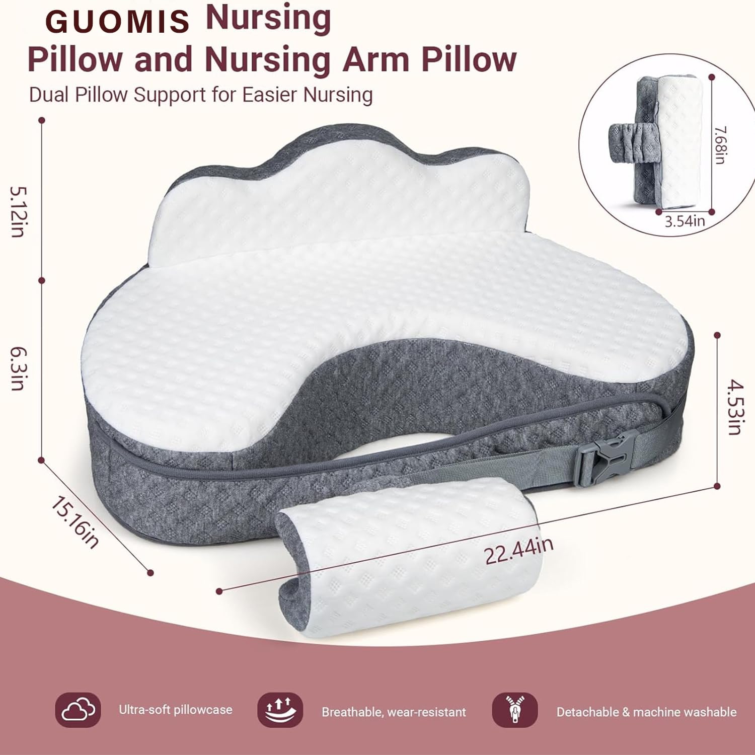 Cuscino Allattamento Neonato,Cuscino per l'allattamento in Memory Foam con rivestimento sfoderabile, progettato ergonomicamente per un comfort universale. (grigio)