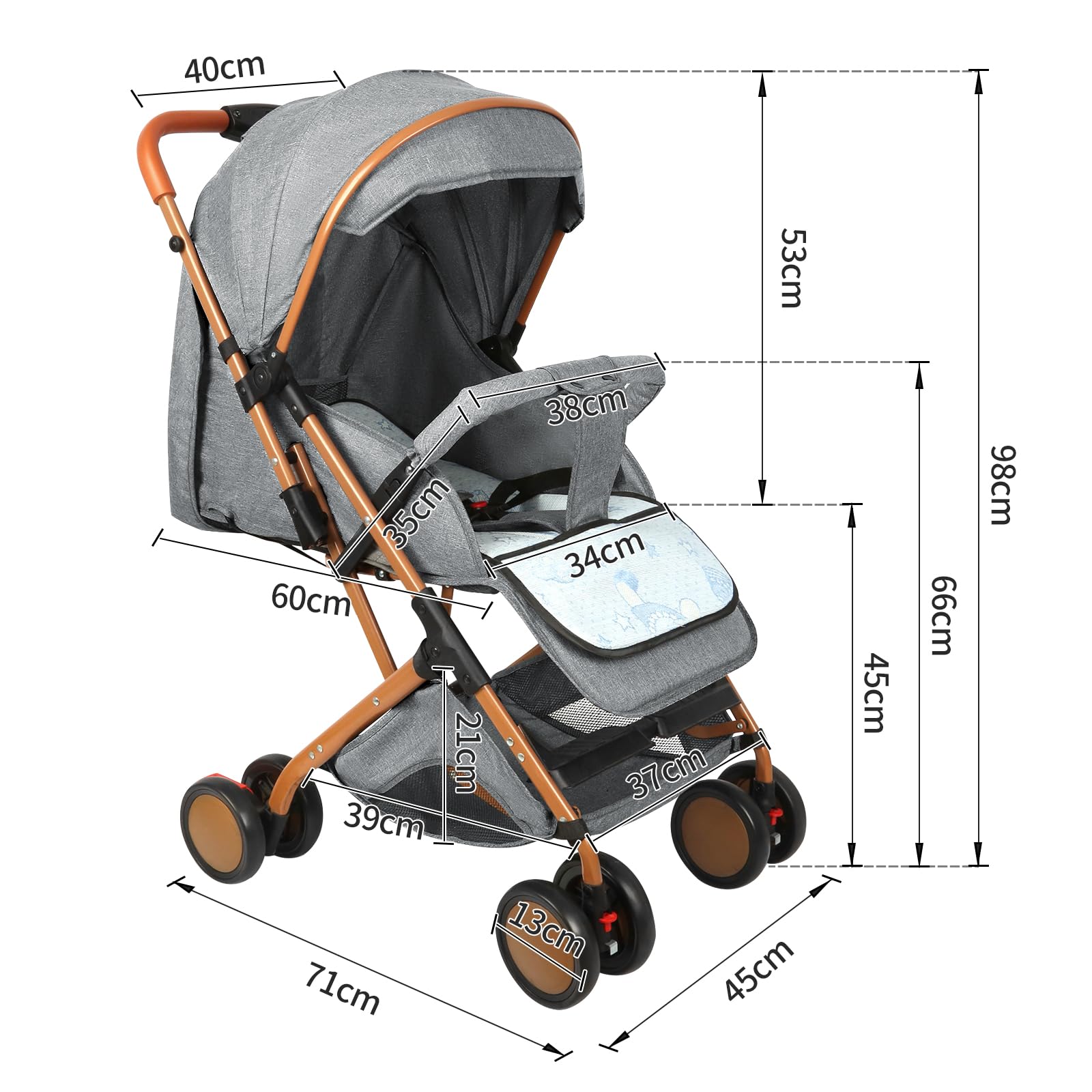 OHMG Poussette pour enfant avec nacelle, 2 en 1, ultra compacte, avec bandoulière, système de harnais à 5 points, 22 kg, utilisation à une main, dossier réglable, capot, panier, frein à pied