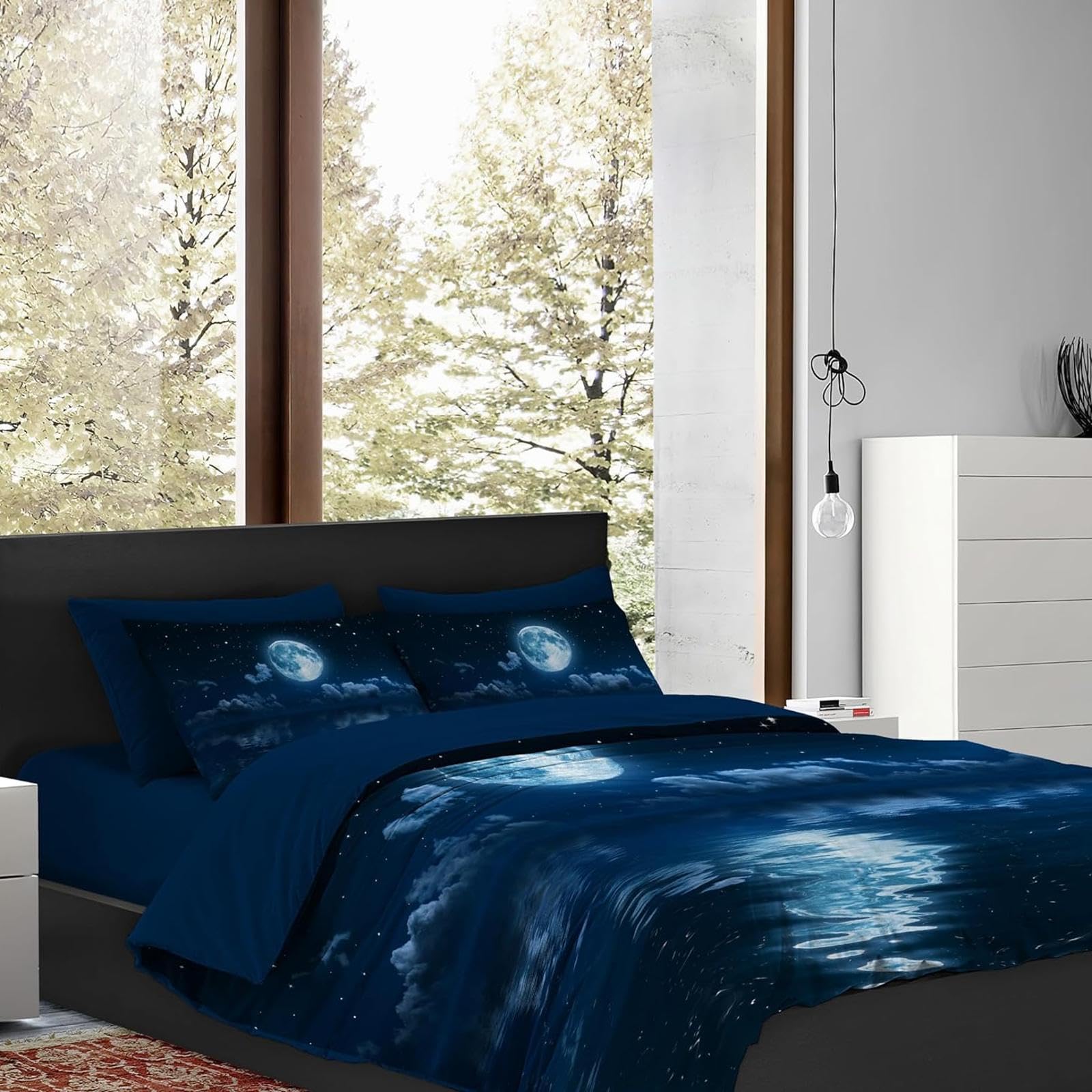 Copripiumino Stampa Digitale, Letto Una Piazza e Mezzo, 100% Cotone set completo sacco e federa Disegno Luna