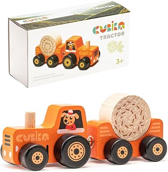 CUBIKA Wooden Toy Tractor Montessori Toy for Toddlers Ages 3+ Wooden Tractor with Magnetic Fasteners FSC-Certified Wood, German Water-Based Paints Travel-Friendly Fine Motor Toy