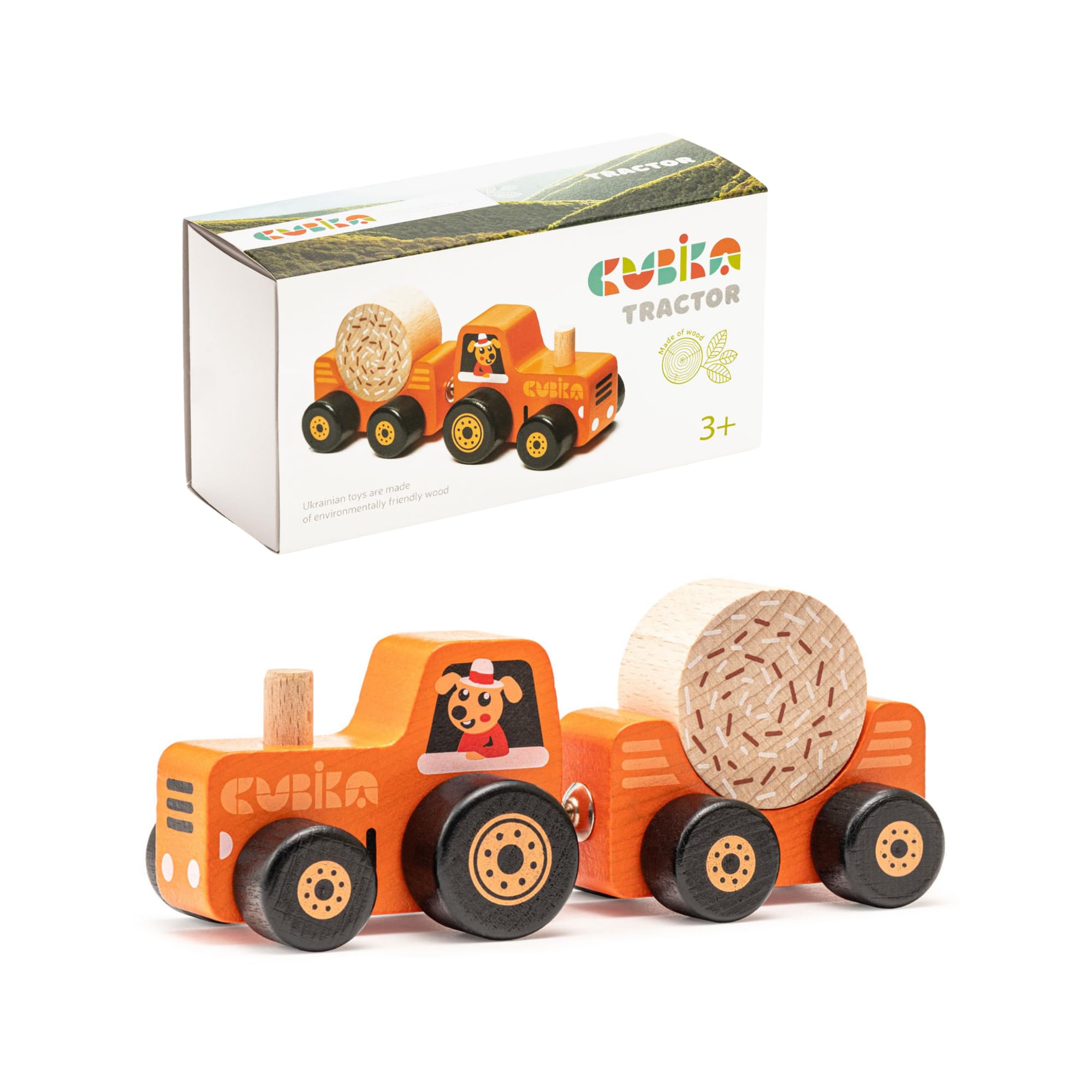 Tractor de juguete de madera – Juguete Montessori para niños a partir de 3 años – Tractor de madera con cierres magnéticos – Madera certificada FSC, pinturas alemanas a base de agua – Juguete