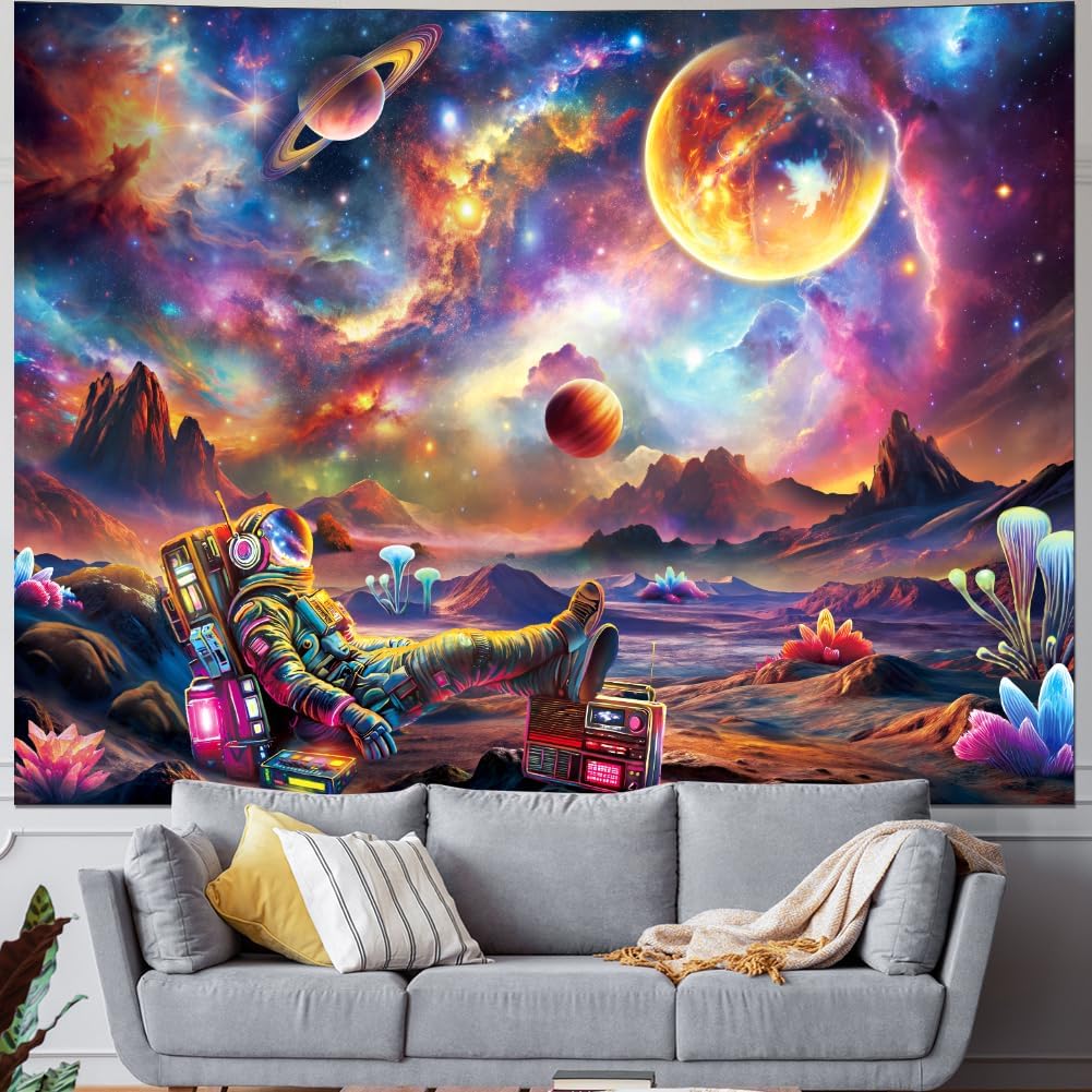 Ameyahud Blacklight Astronaut Tapestry UV Reactive Galaxy Space Tapestry Glow in The Dark Trippy Universe Planet Tapestries Neon Starry Sky Wall Hanging Decor for Home