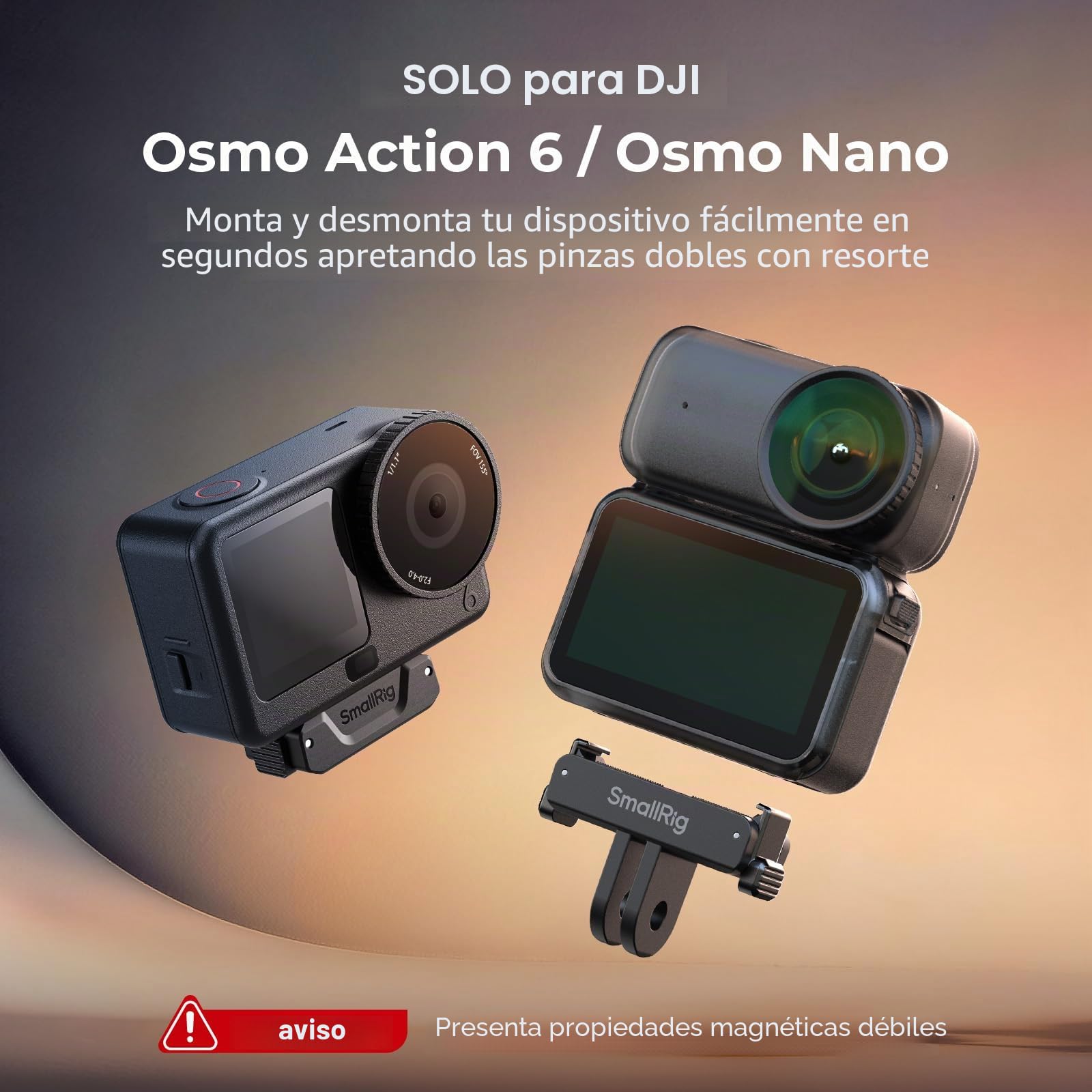 SMALLRIG Adaptador Magnético de Liberación Rápida para DJI Osmo Action 6/Nano, 2 Piezas con Montura de 2 Pines y Rosca 1/4"-20 para Trípode/Palo Selfie - 5918