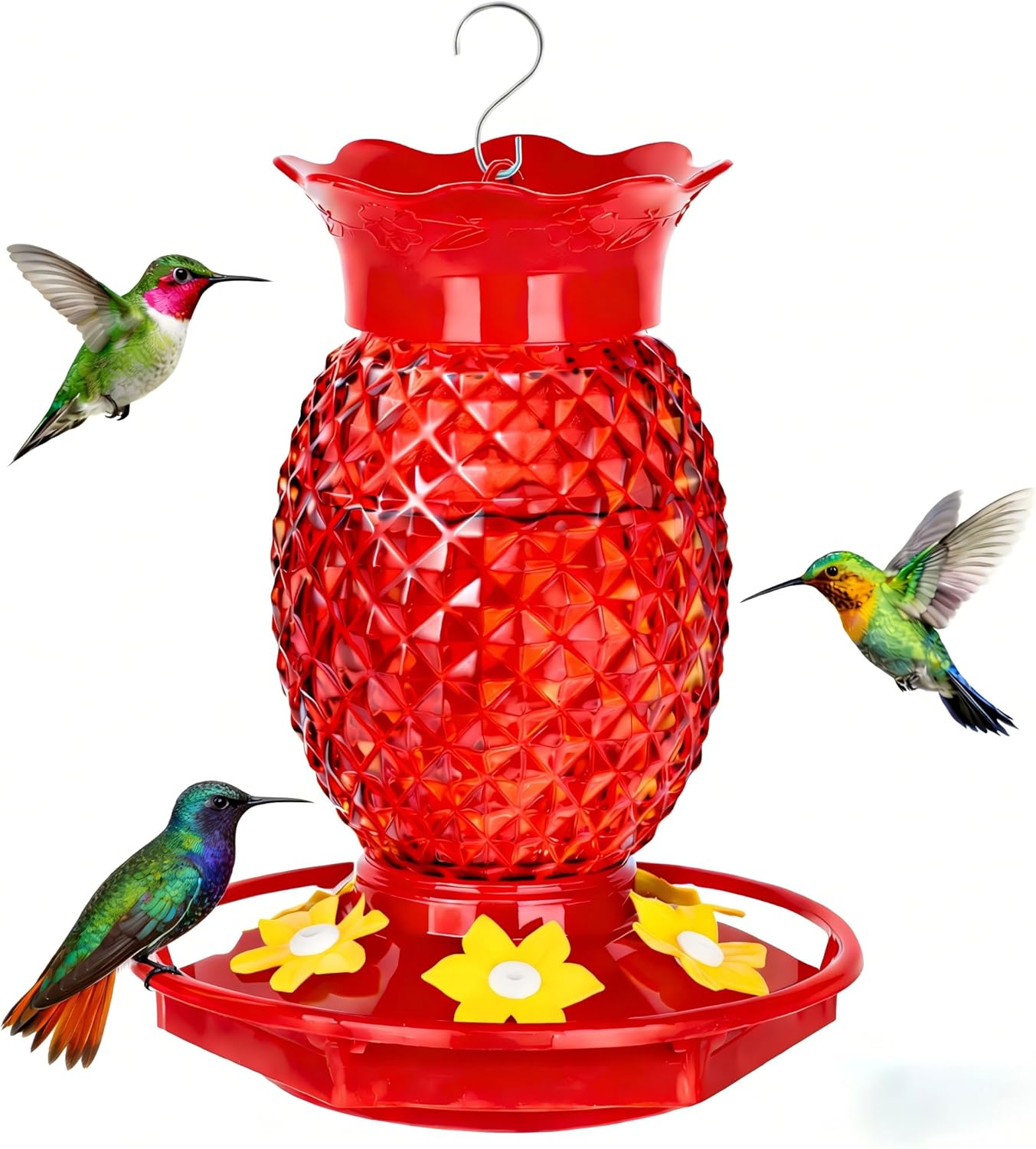 Fchstaer Glass Hummingbird Feeders for Outdoors Hanging Ant and Bee Proof 16OZ 1 Pack Red Pineapple Humming Bird Feeder with 6 Feeding Ports and Ant Moat Hummingbird Gifts for Women Garden Decor - $9.98
