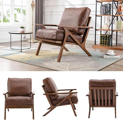 Miniatura 31 de Silla decorativa moderna de mediados de siglo con otomana, juego de sillón tapizado de lino de granja y otomano, silla de descanso retro de 23