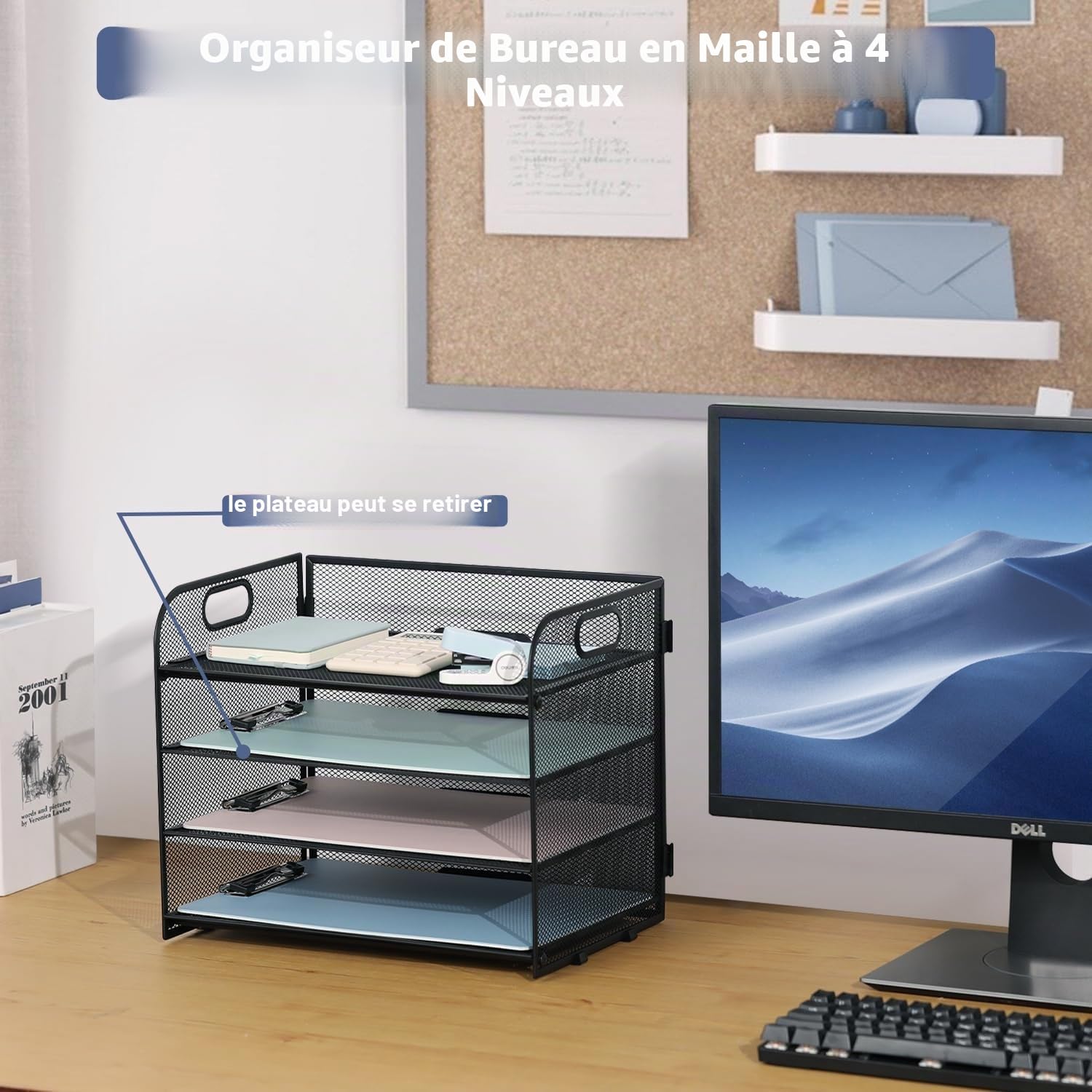 LATERN 4 Niveaux Organisateur de Bac à Courrier en Maille Métallique, 32CM x 28CM x 24CM Organiseur de Dossiers Coulissant en Maille avec Poignée pour Livres Notes Papier Maison Bureau École Organiser