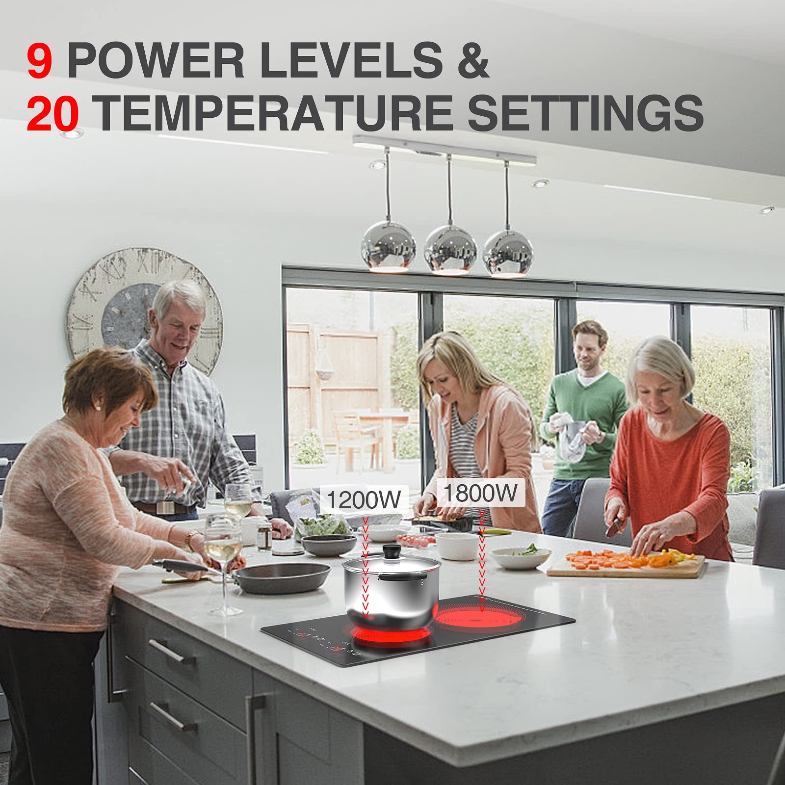 Cusinesync 2 Burner Electric Cooktop - 12 Inch Ceramic Glass, 9 Power Levels, Touch Control & Timer (110-120V)