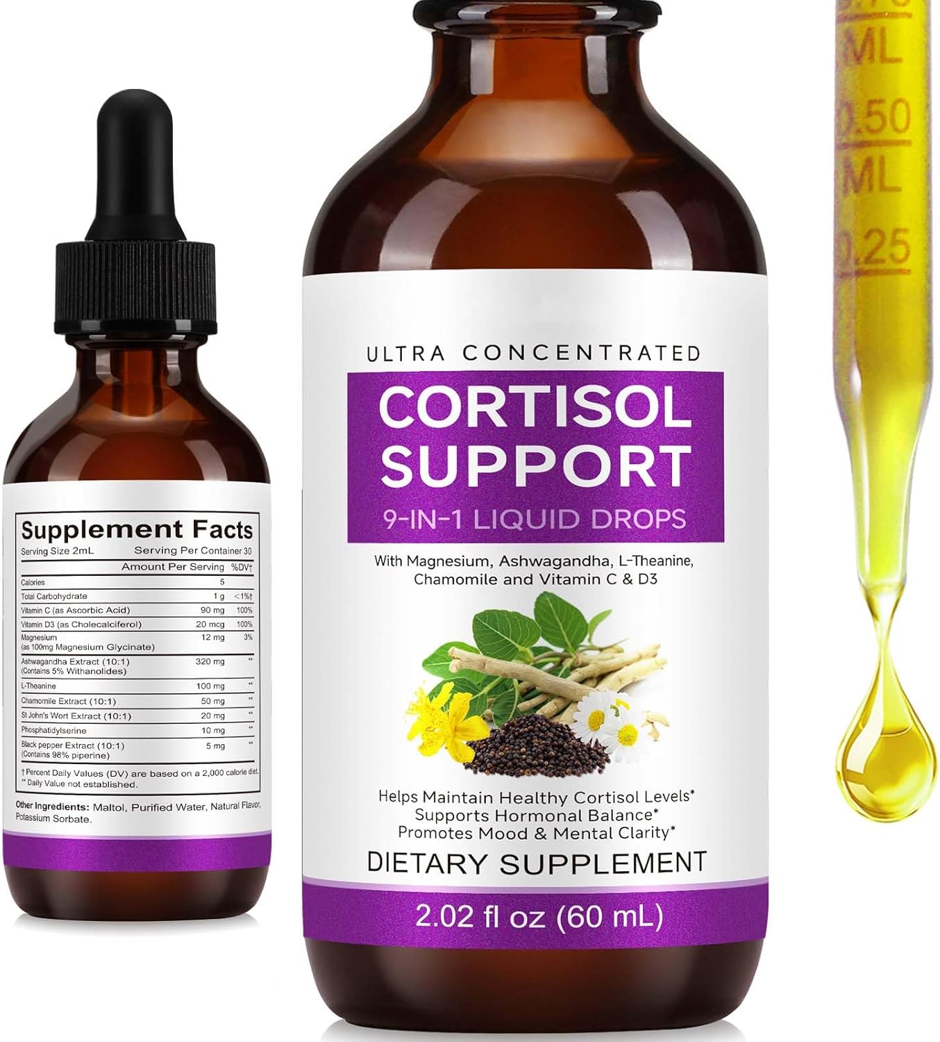 Cortisol Supplement Liquid Drops, 9-in-1 Liquid Drops with Magnesium, Ashwagandha,L-Theanine, Chamomile and Vitamin C & D3 for Lower Cortisol, Calm, Mood Support 2.02 Fl Oz (1)