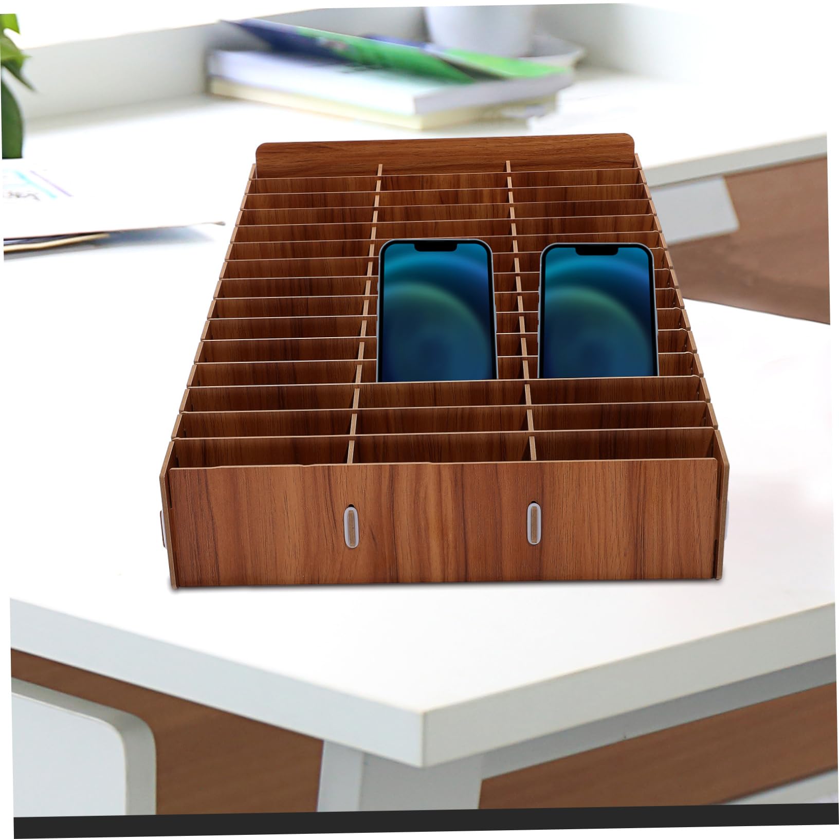 SHINEOFI Caja De Almacenamiento De Madera Soporte Teléfono Organizador De Escritorio Múltiples Compartimentos