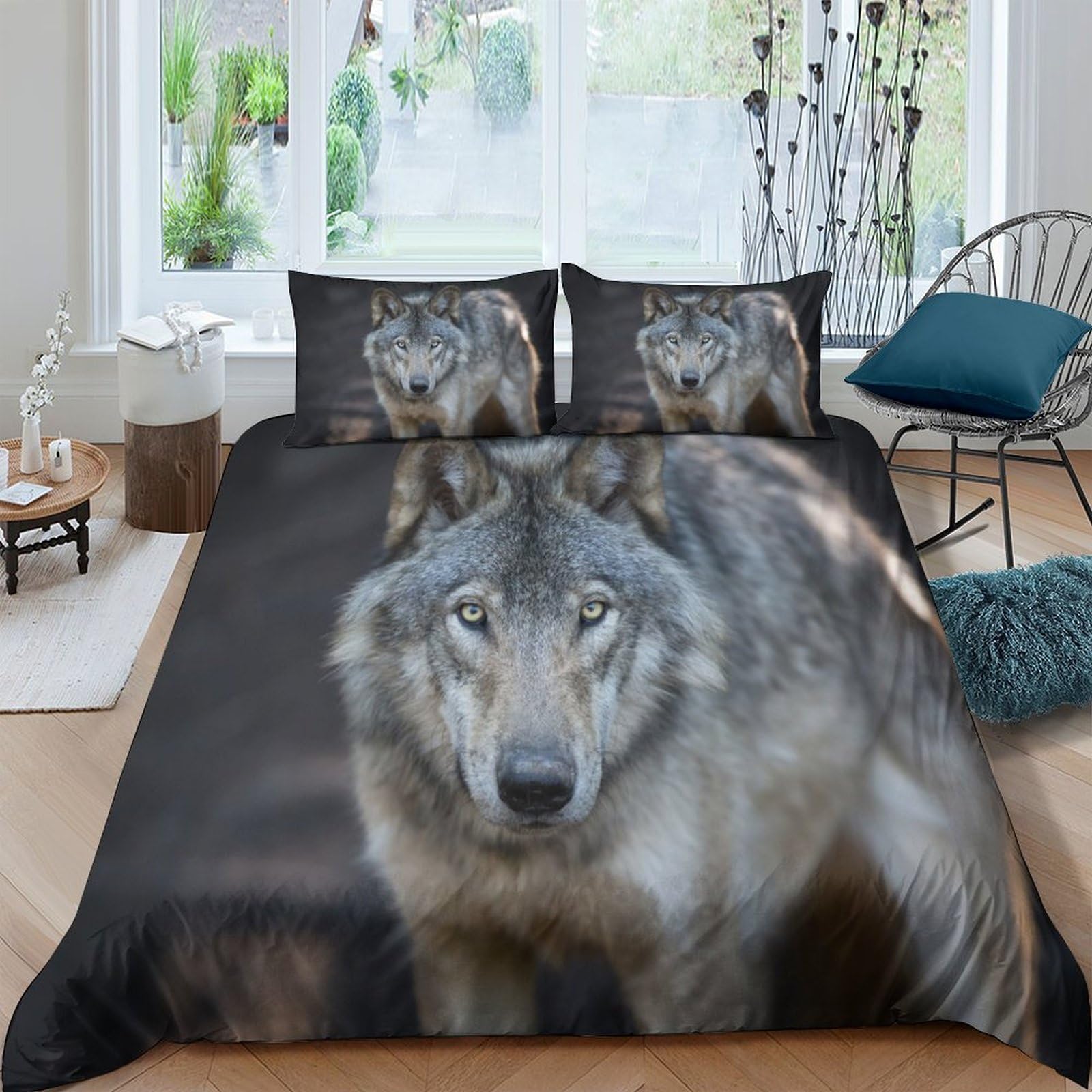 TUFRTGYHN 3D Printed Wolf Animal Duvet Cover Microfiber Soft Breathable Forest Wildlife Bedding Set with 2 Pillowcases for Bedroom Decor, Single（135x200cm）