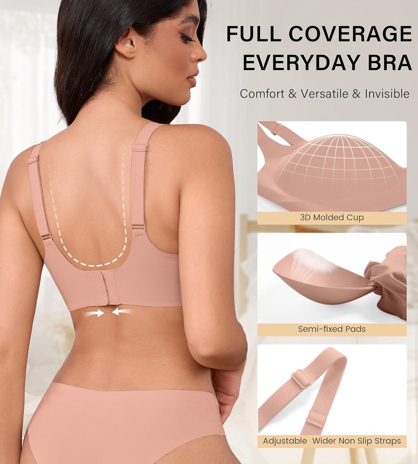 Womens Seamless Bras No Underwire Push Up Bras Scalloped V Neck Padded Bra Wireless Bralette Basic Everyday Bra Multiple Pack - Image 3