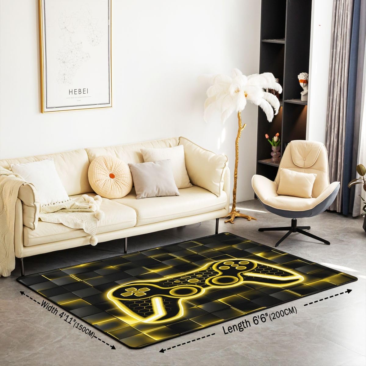Feelyou Kids Gamer Area Rug 3x5 Yellow and Black Rugs for Living Room Bedroom for Boys Teens Decor Gaming Ombre Decorative Rug Set Geometric Square Indoor Floor Mat - Image 2