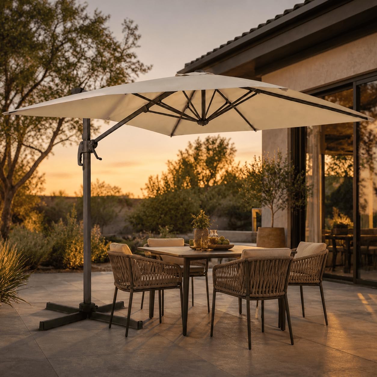 Ombrellone Girevole 360° 4X3 M Decentrato Rettangolare Rotante Con Struttura In Alluminio E Braccio In Acciaio Base a Croce E Custodia Inclusa Per Giardino Terrazza Patio E Piscina Ecrù