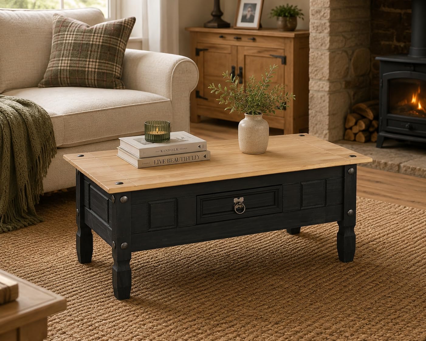 Corona Coffee Table Black 1 Drawer Solid Mexican Pine