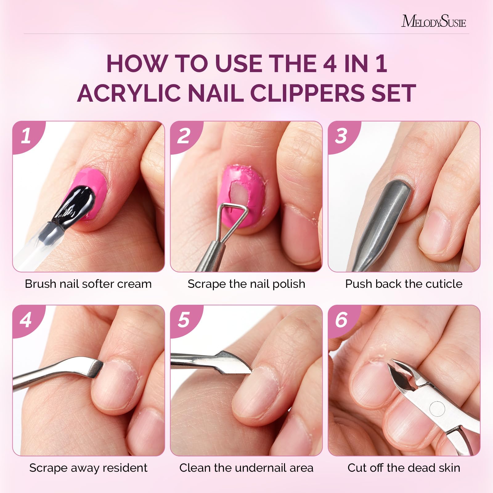 Cortaúñas acrílicas 4 en 1, cortaúñas ajustables de acero inoxidable para puntas de uñas acrílicas, cortador profesional de cutículas, removedor de cutículas, empujador de cutículas, rosa 6