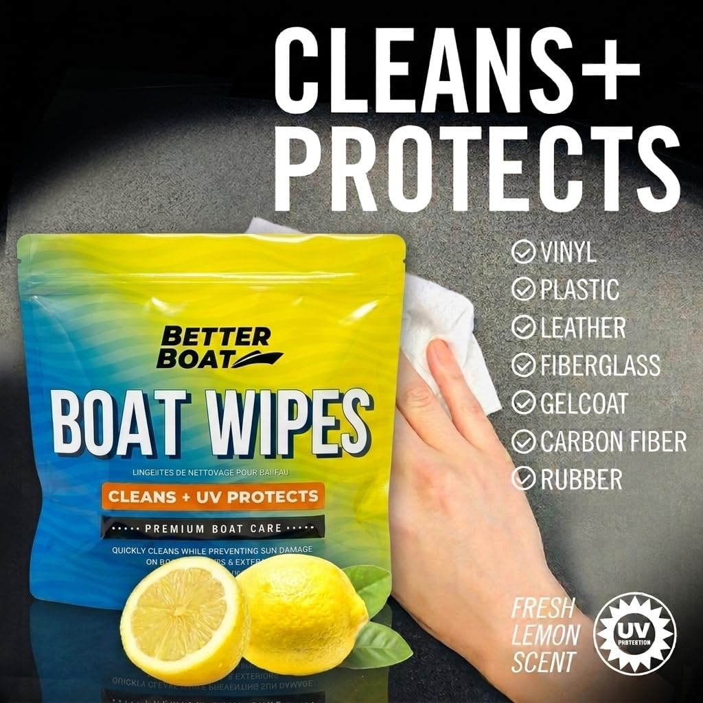 Boat Wipes Cleaning and UV Protectant 10ct Individually Wrapped, Marine | Vinyl Cleaner and Protector for Boat Seats Console and Dash, Non Greasy Matte Finish, Better Boat