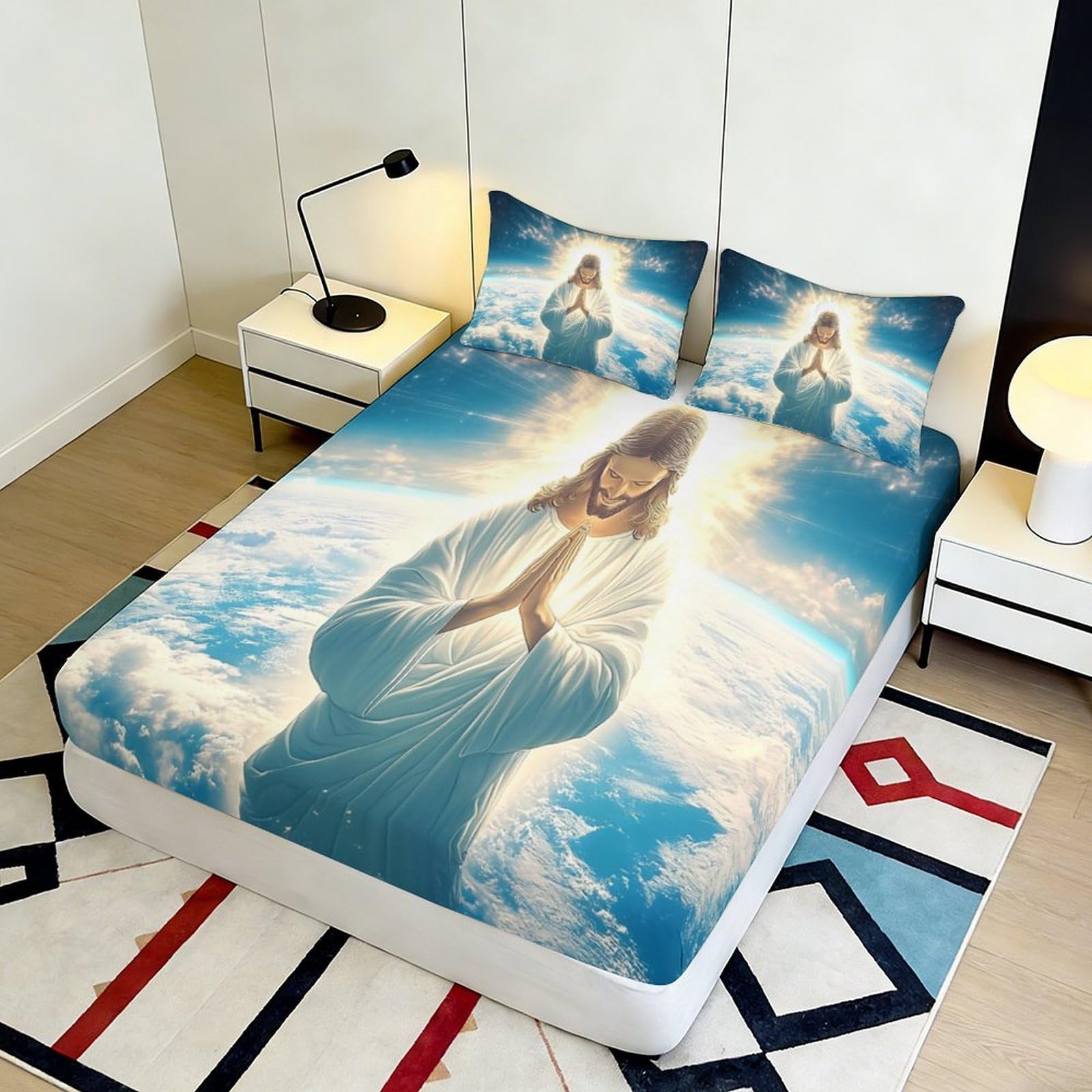 Lenzuolo con stampa 3D, motivo Gesù, in microfibra, antiscivolo, per ospiti | morbido, coprimaterasso, facile da pulire, traspirante, lavabile, 180 x 200 x 25 cm