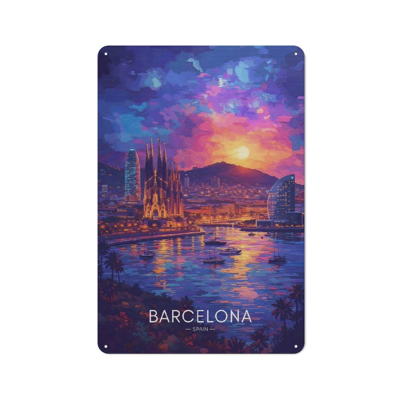 Barcelona Cityscape at Sunset Vintage Metal Sign 30x20cm for Lounge Or Reading Corner, for A Room Refresh Centred on Metal Wall Decor