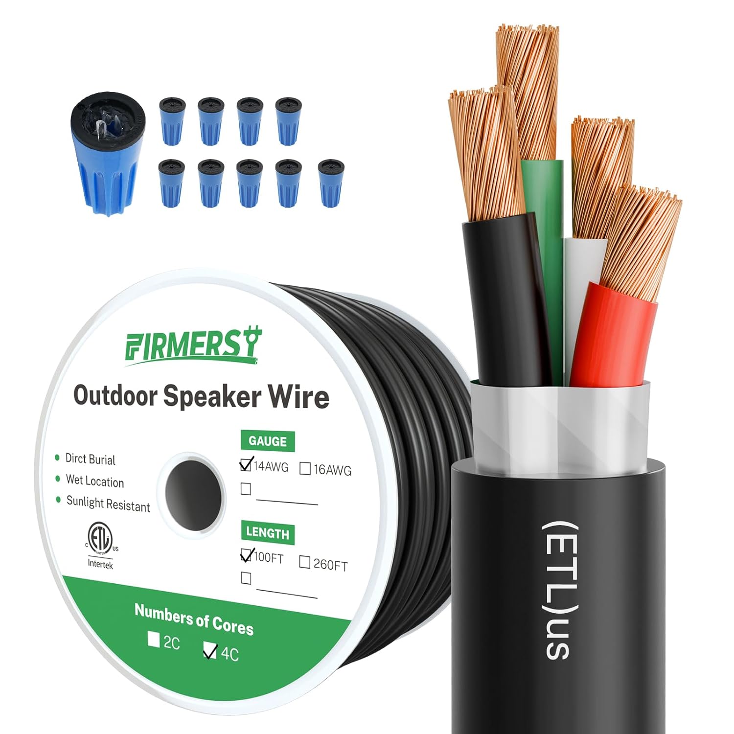 FIRMERST 14/4 Direct Burial Outdoor Shielded Speaker Wire 100 Feet,Oxygen-Free Copper (OFC) with Waterproof Connectors
