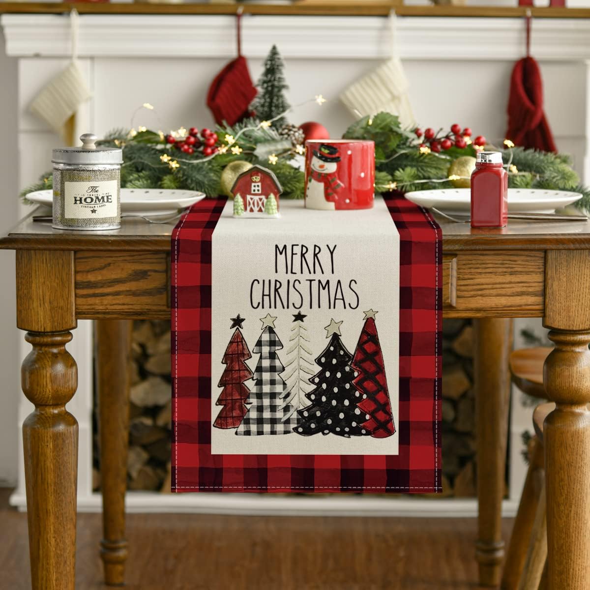 Artoid Mode Watercolor Red and Black Buffalo Plaid Christmas Trees Merry Xmas Table Runner, Seasonal Winter Holiday Kitchen Dining Table Decoration for Indoor Outdoor Home Party Decor 13 x 90 Inch : Home & Kitchen