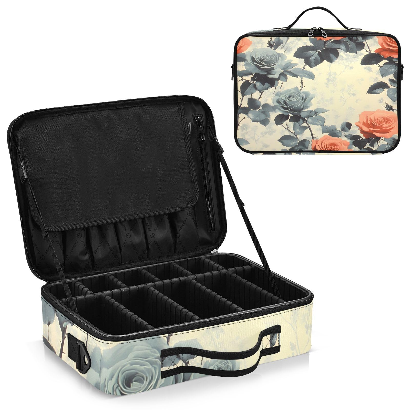 zyrtty Travel Makeup Train Case Flower Coral Pink Black Grey Leaves Pattern Cosmetic Organizer Portable Storage Bag with Adjustable Dividers for Cosmetics Brushes Toiletry Jewelry Digital Accessories